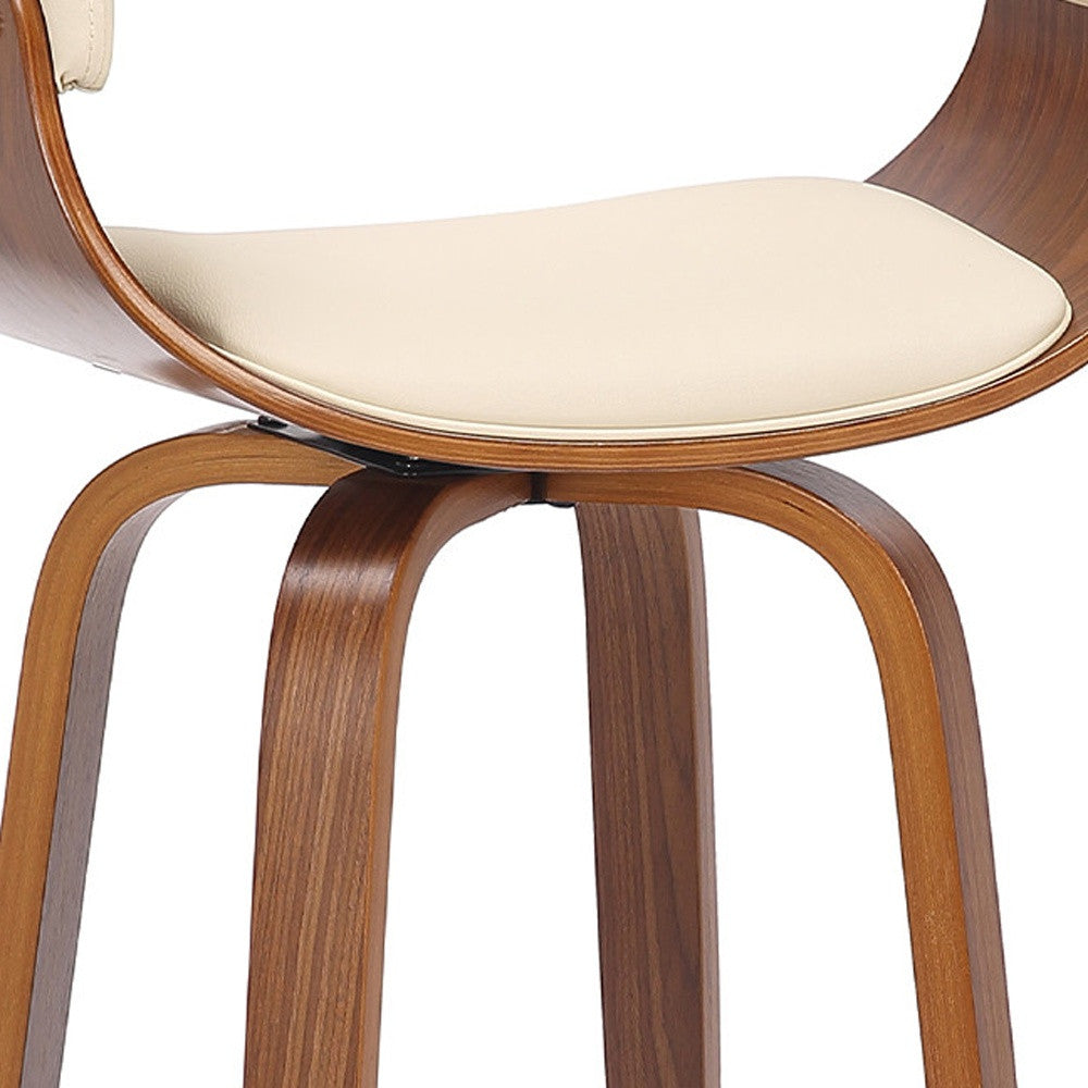 41" Cream And Brown Faux Leather Solid Wood Swivel Low Back Bar Height Chair With Footrest