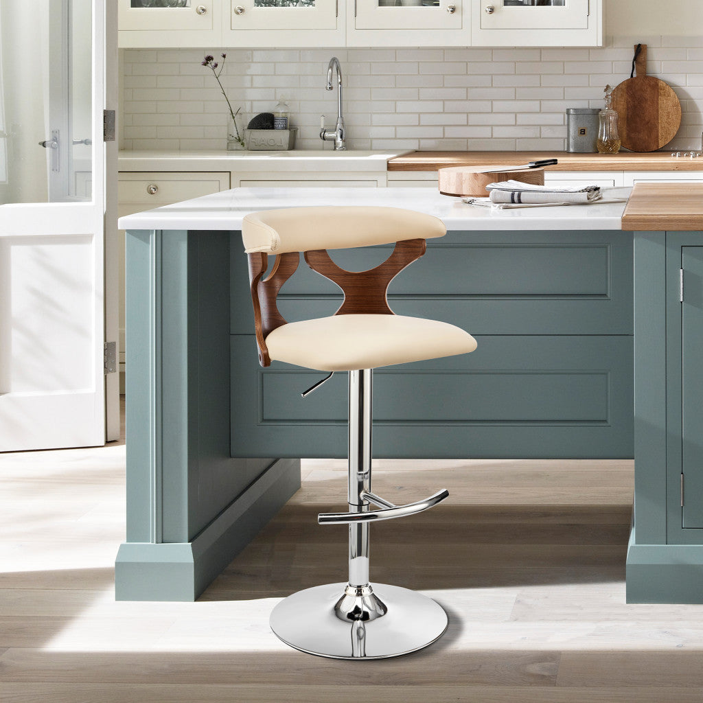 43" Cream Faux Leather And Iron Swivel Adjustable Height Bar Chair