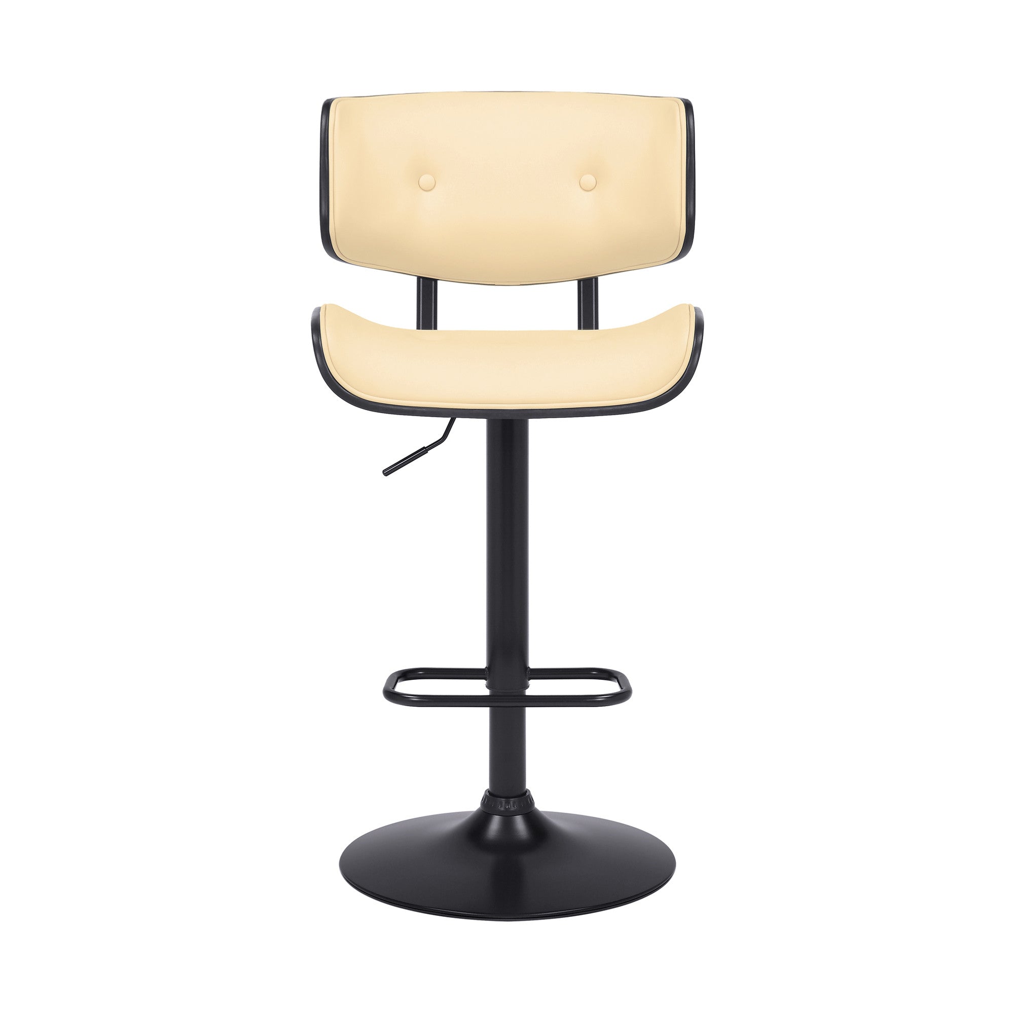 Adjustable Cream Tufted Faux Leather and Black Wood Swivel Barstool.