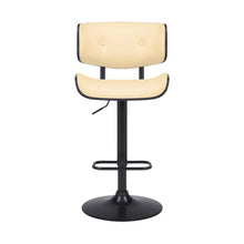 Adjustable Cream Tufted Faux Leather and Black Wood Swivel Barstool.