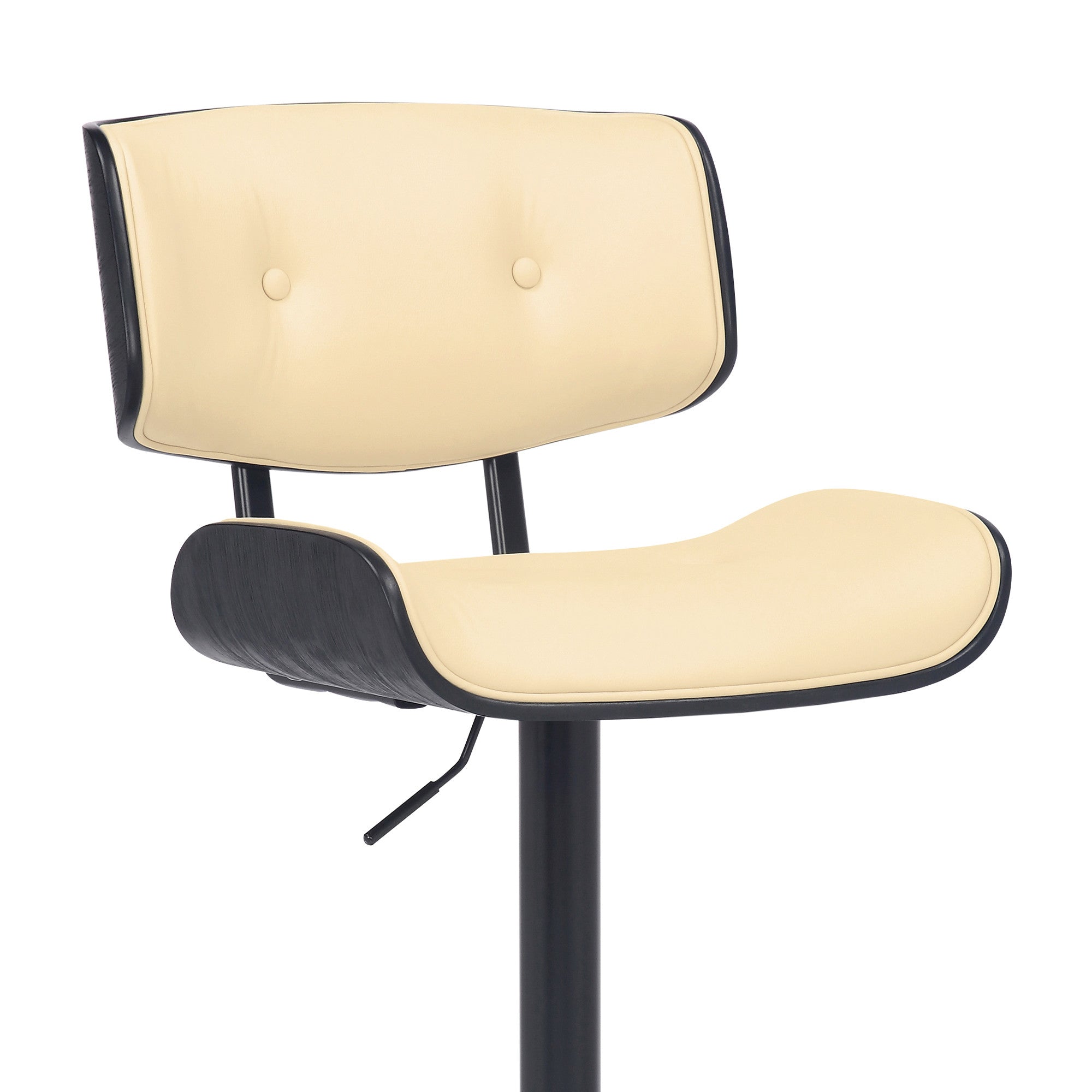 Adjustable Cream Tufted Faux Leather and Black Wood Swivel Barstool.