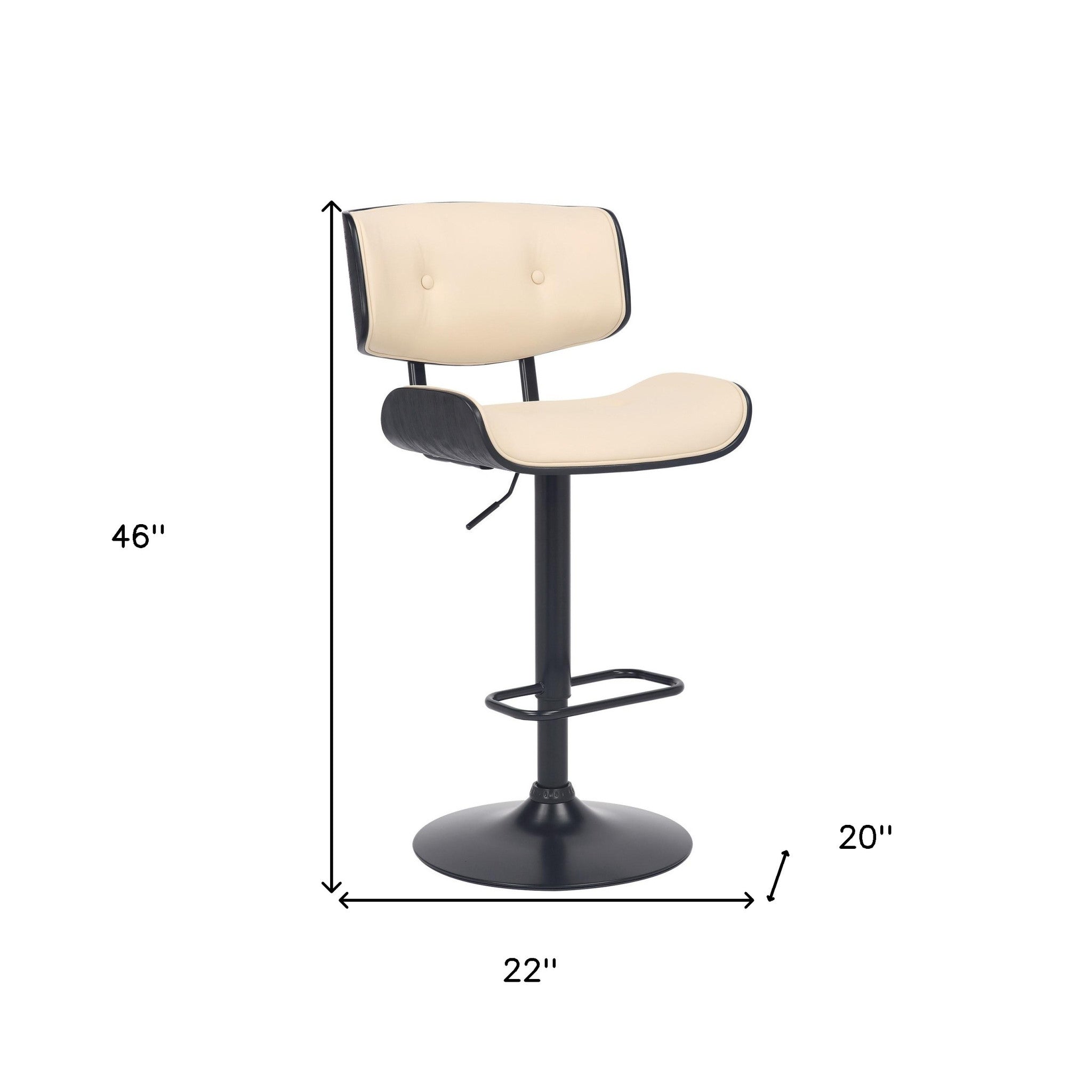 Adjustable Cream Tufted Faux Leather and Black Wood Swivel Barstool.