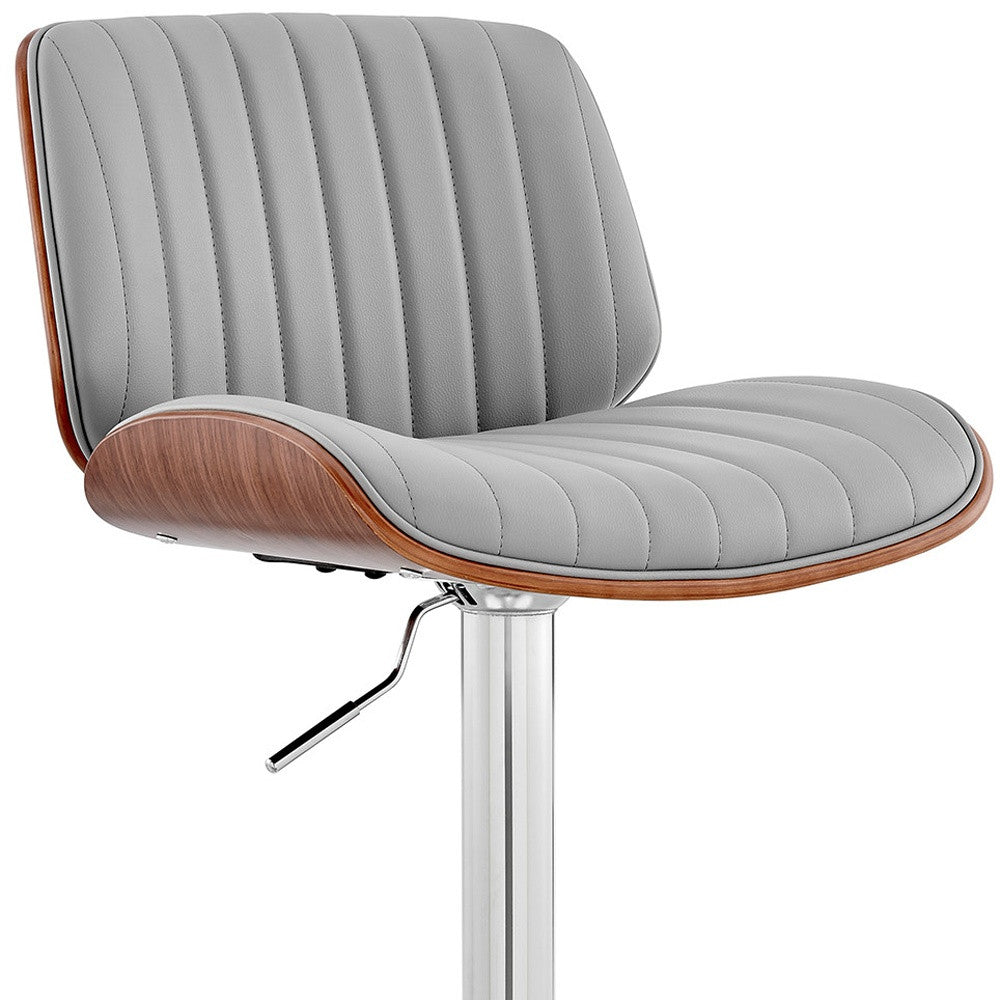 Adjustable Gray Faux Leather Chrome and Walnut Bar Stool