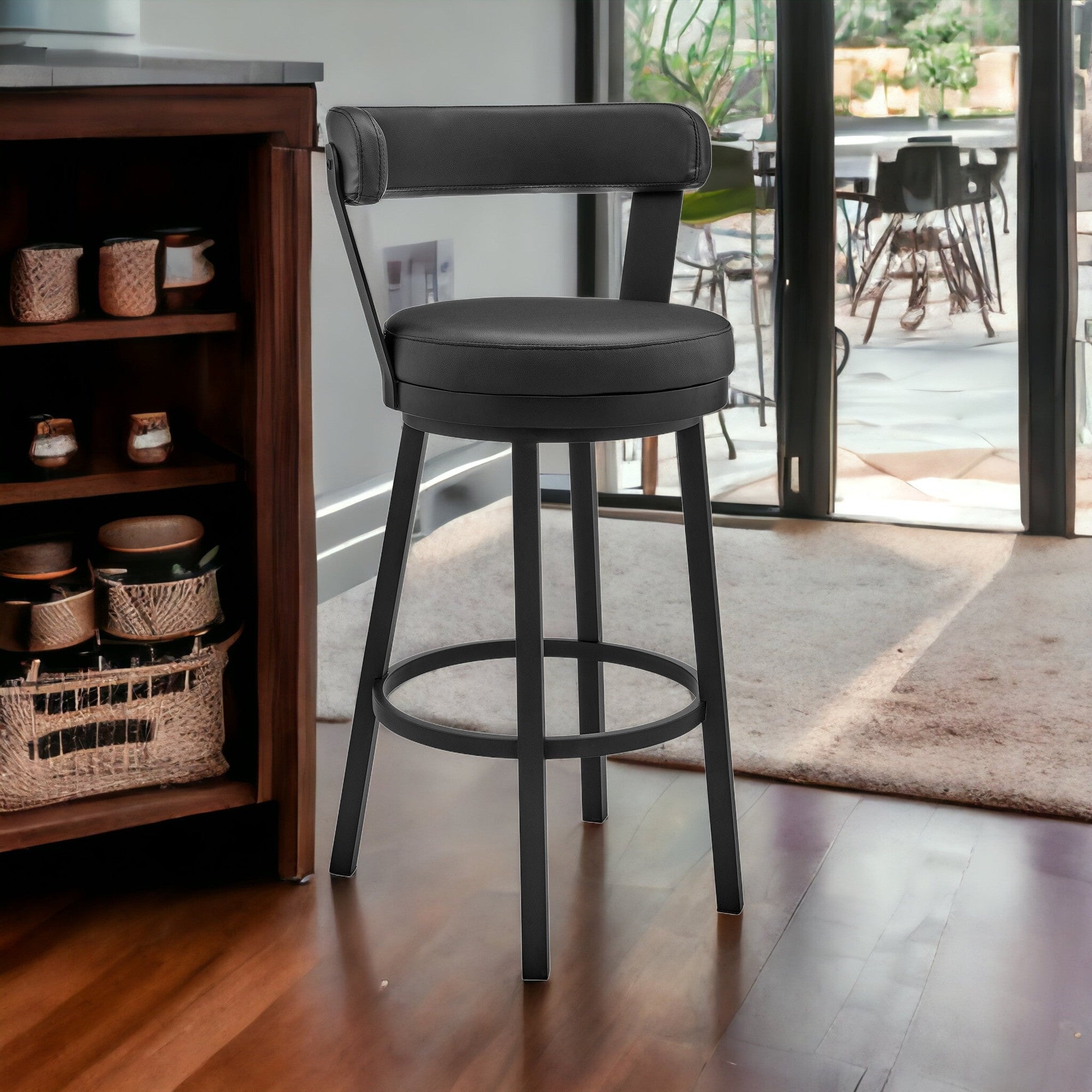 30" Chic Black Faux Leather with Black Finish Swivel Bar Stool