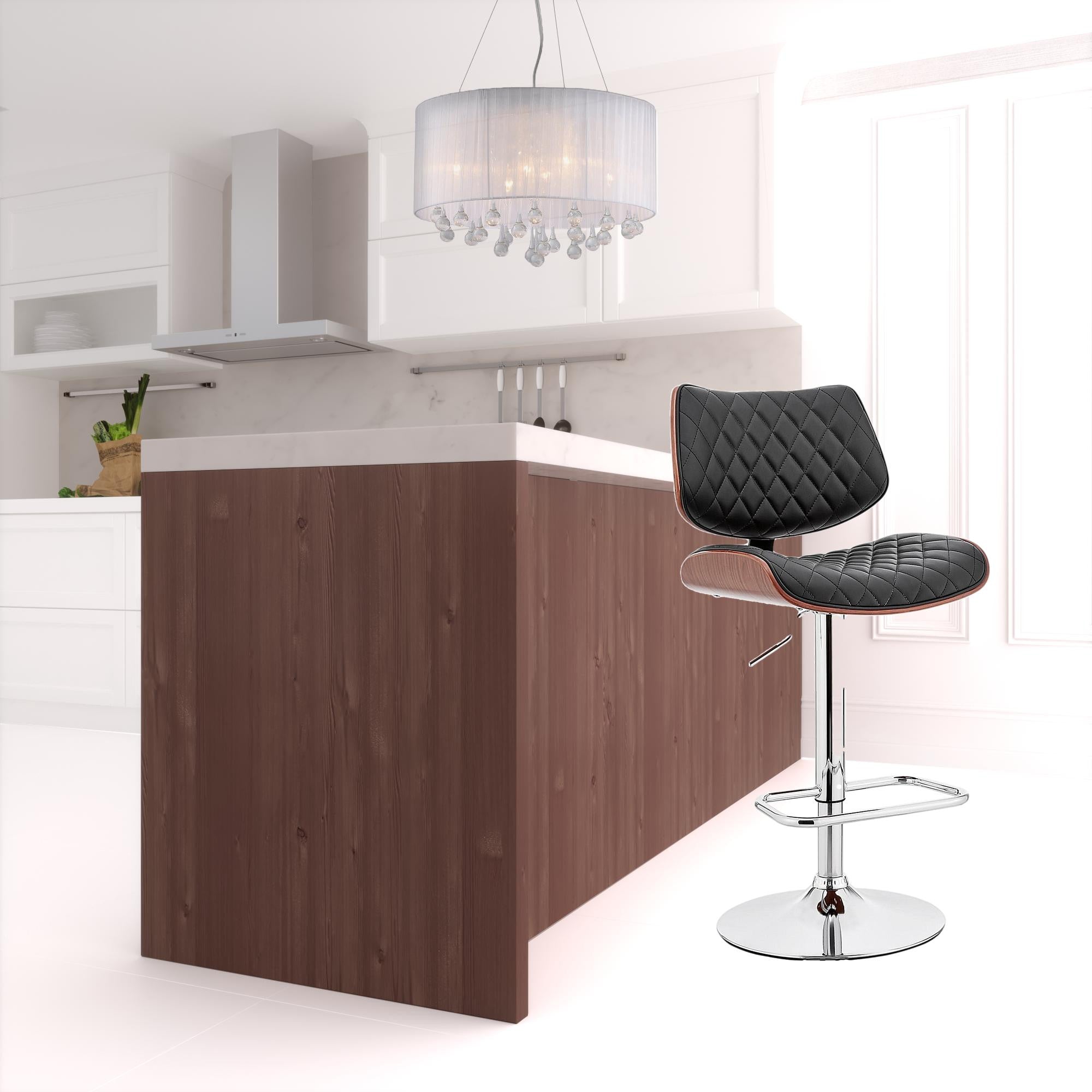 45" Black Faux Leather Walnut And Iron Swivel Adjustable Height Bar Chair