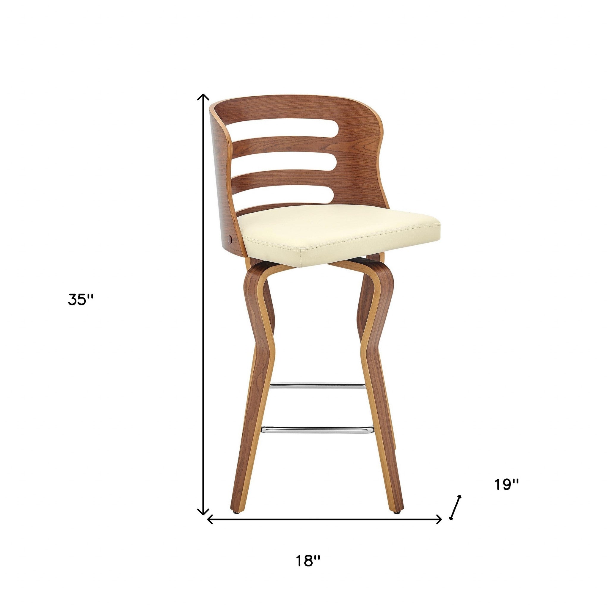 Cream Faux Leather And Wood Swivel Counter Height Bar Chair 35"