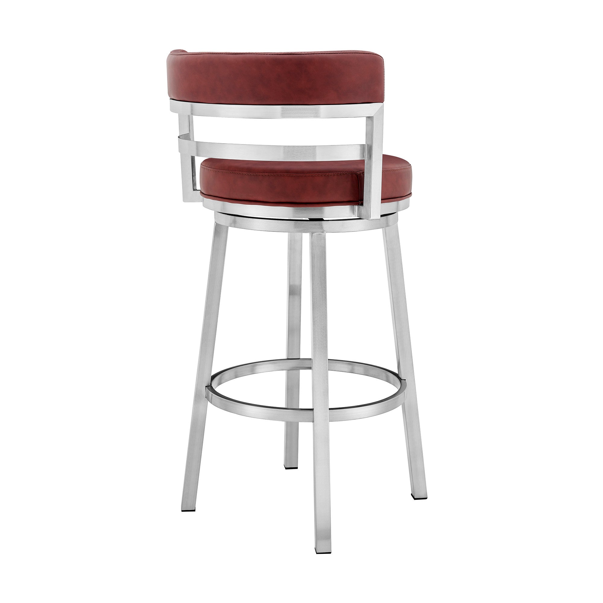 36" Red And Silver Faux Leather And Iron Swivel Low Back Counter Height Bar Chair With Footrest