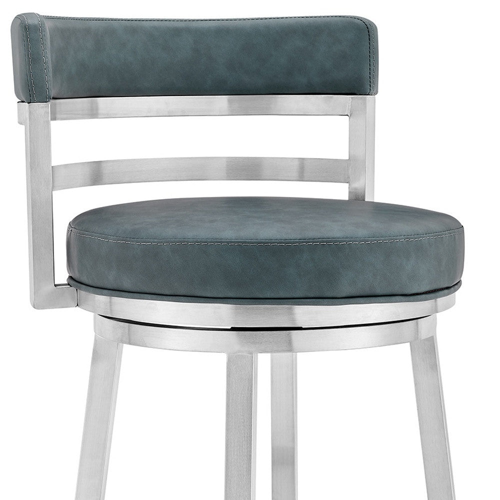 40" Blue Faux Leather And Iron Swivel Low Back Bar Height Chair