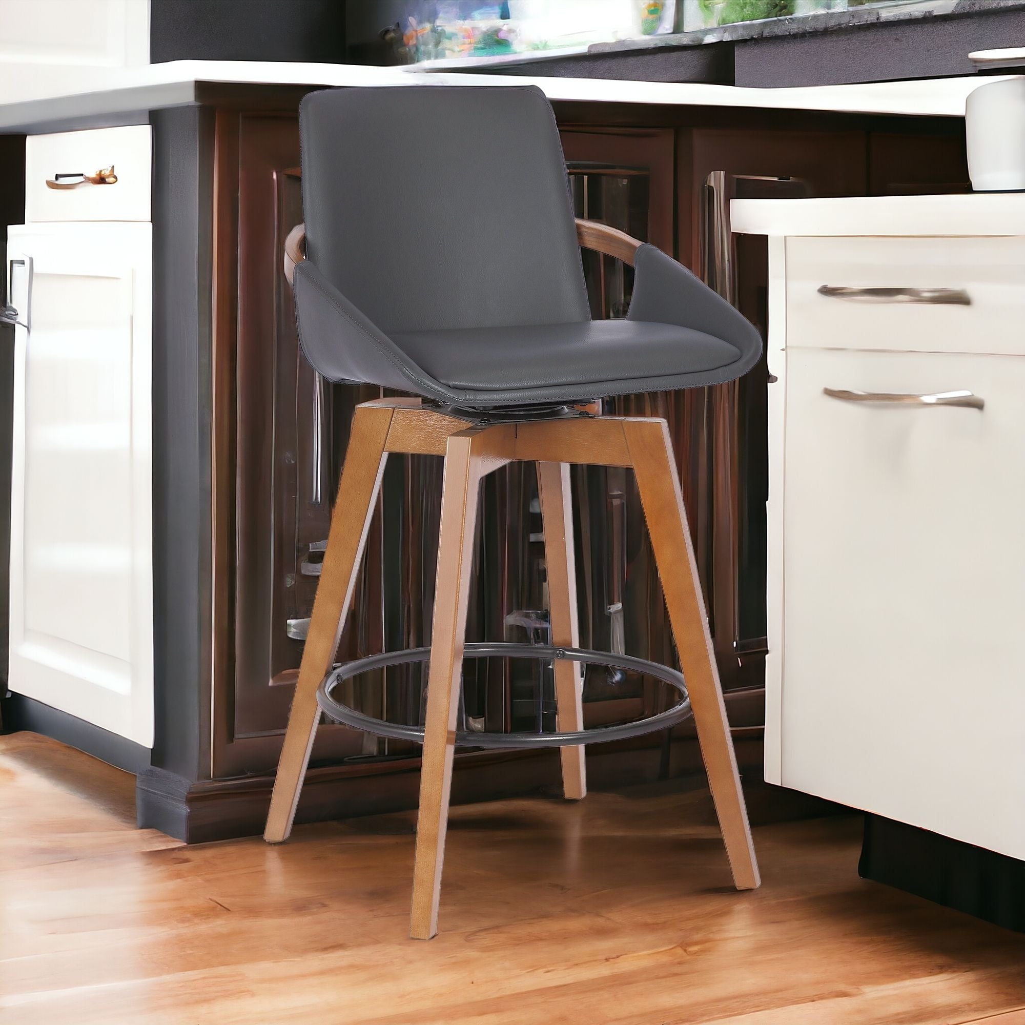 26" Luxurious Grey Faux and Walnut Wood Swivel Bar Stool