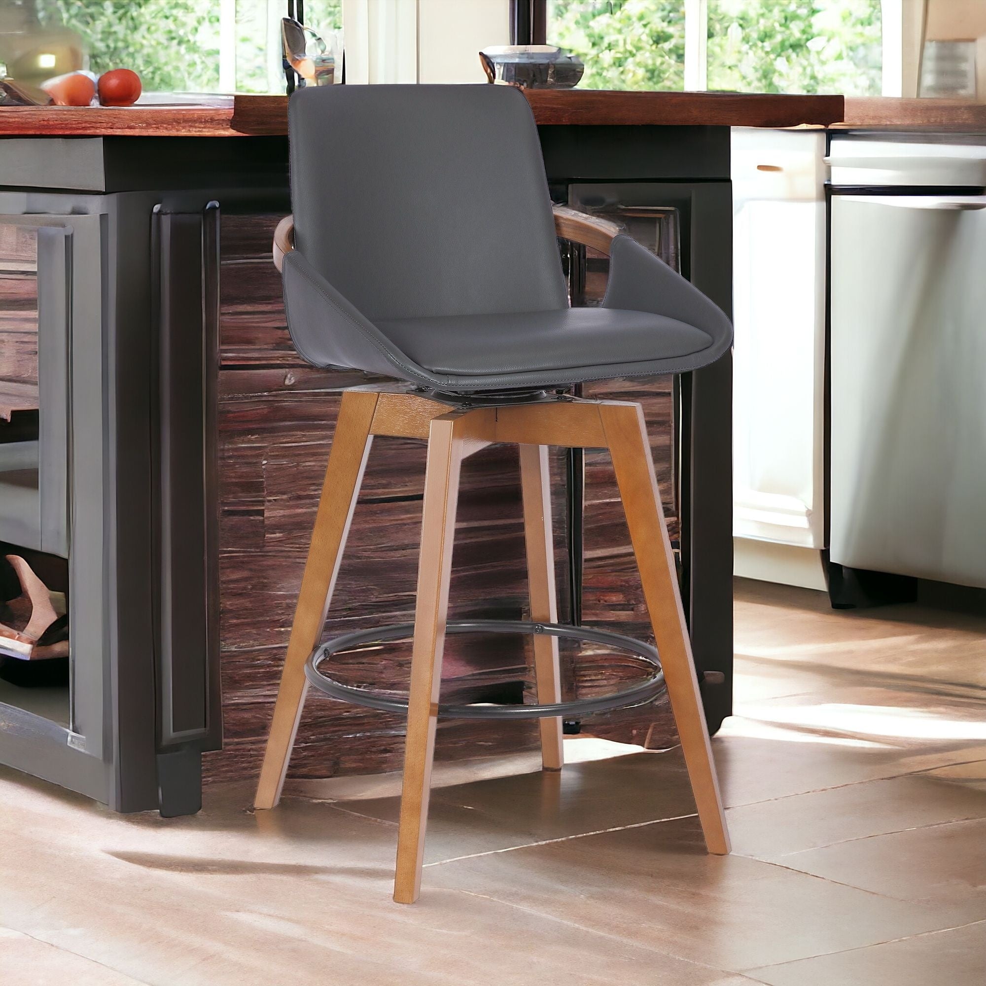 26" Luxurious Grey Faux and Walnut Wood Swivel Bar Stool