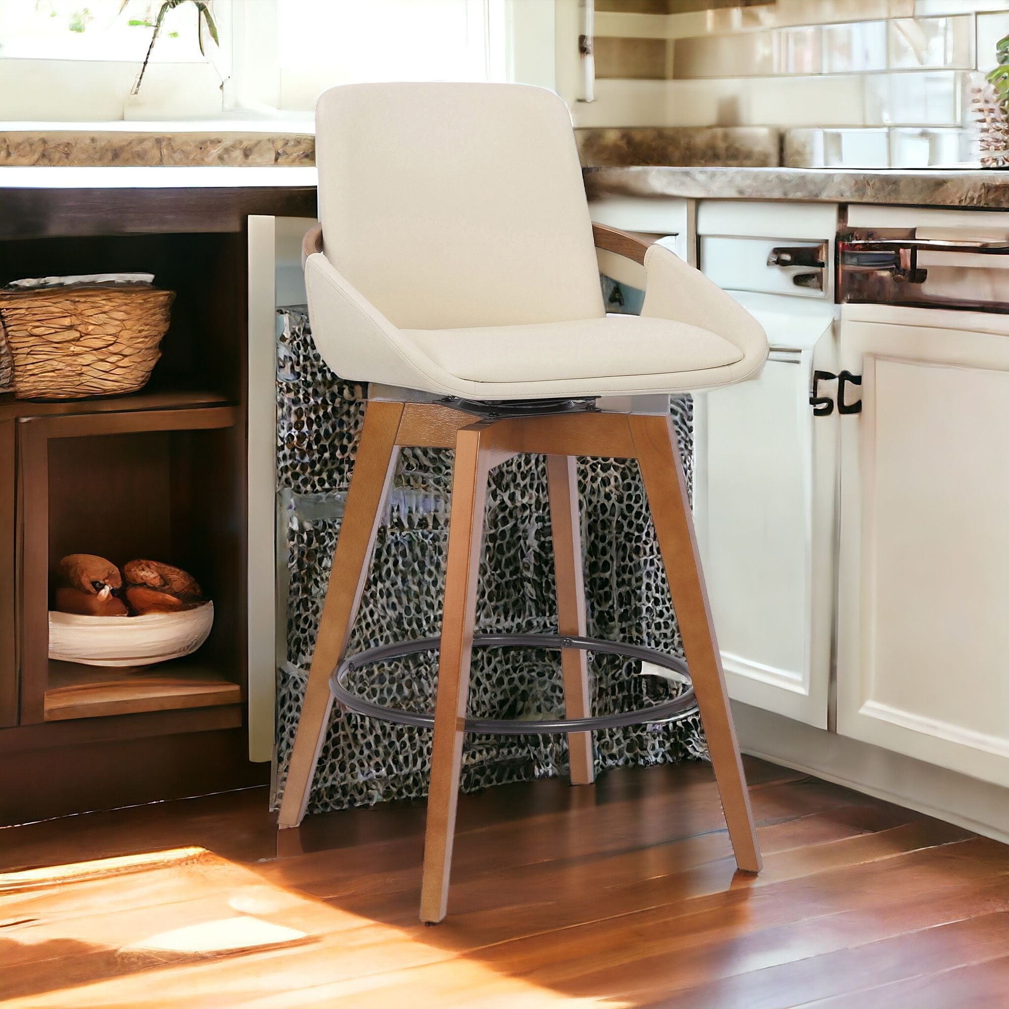 26" Luxurious Cream and Walnut Faux Leather Swivel Bar Stool