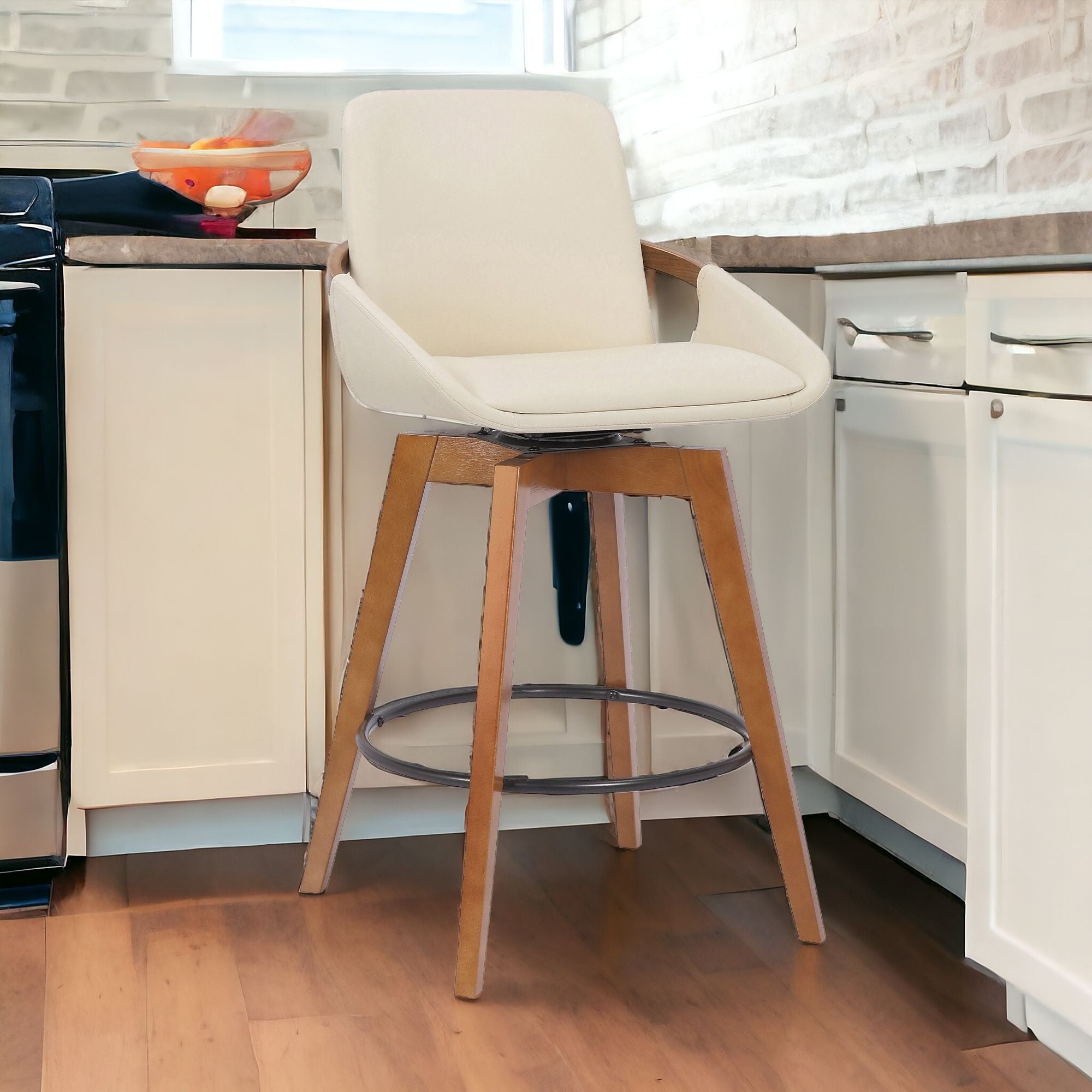 26" Luxurious Cream and Walnut Faux Leather Swivel Bar Stool