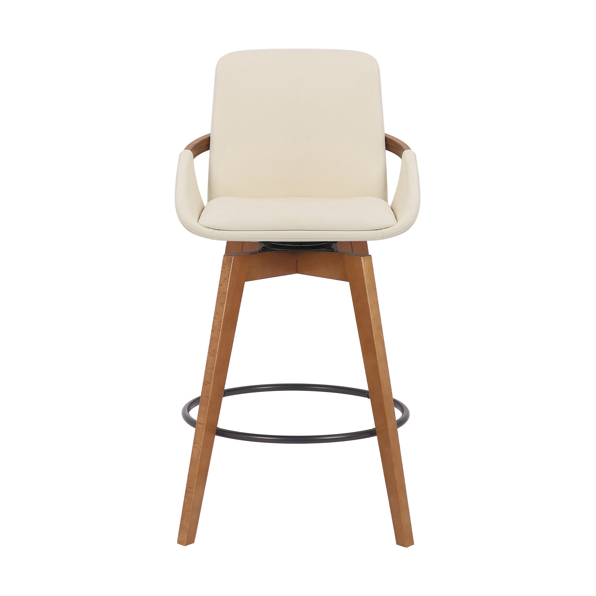 26" Luxurious Cream and Walnut Faux Leather Swivel Bar Stool