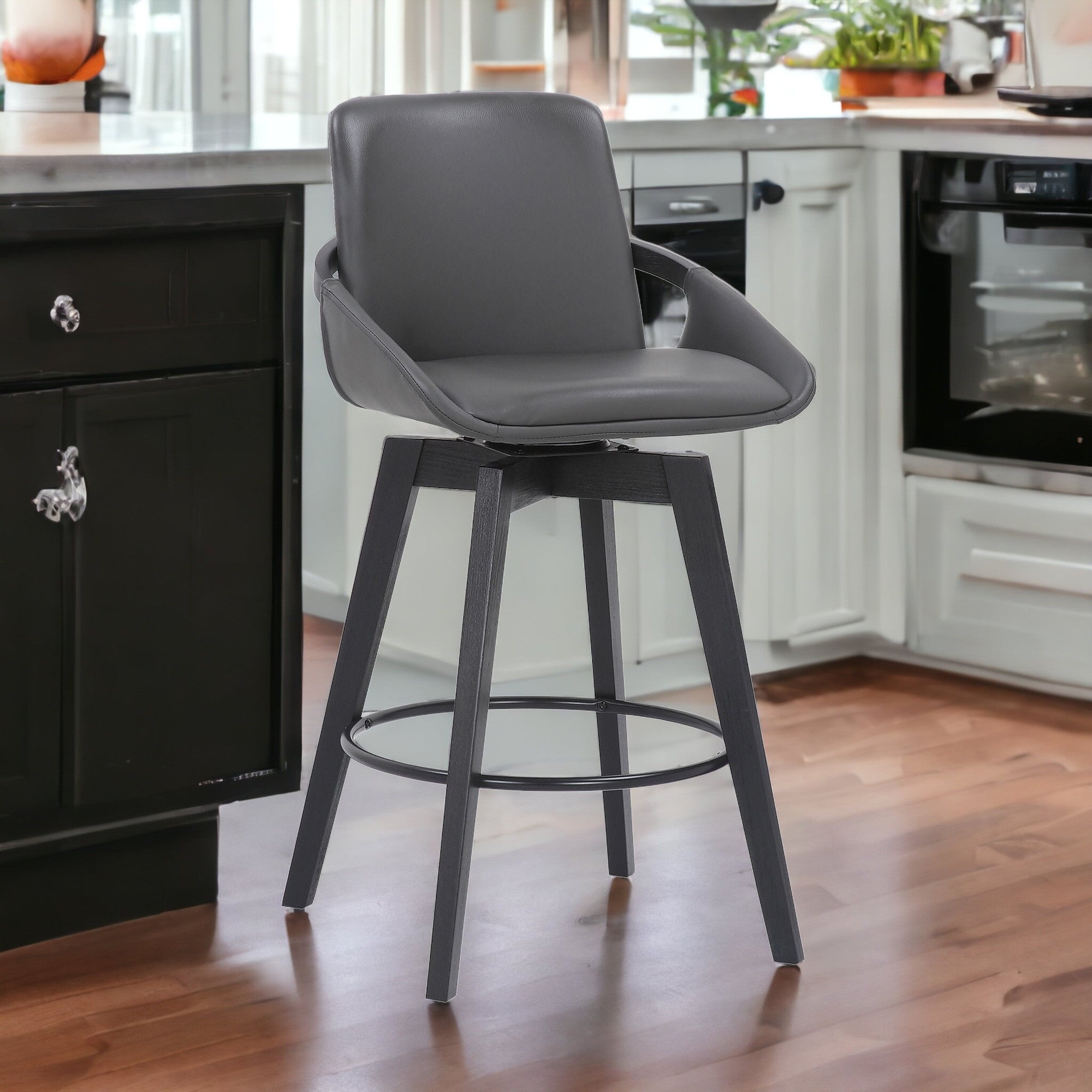 26" Luxurious Grey Faux Leather and Black Wood Swivel Bar Stool