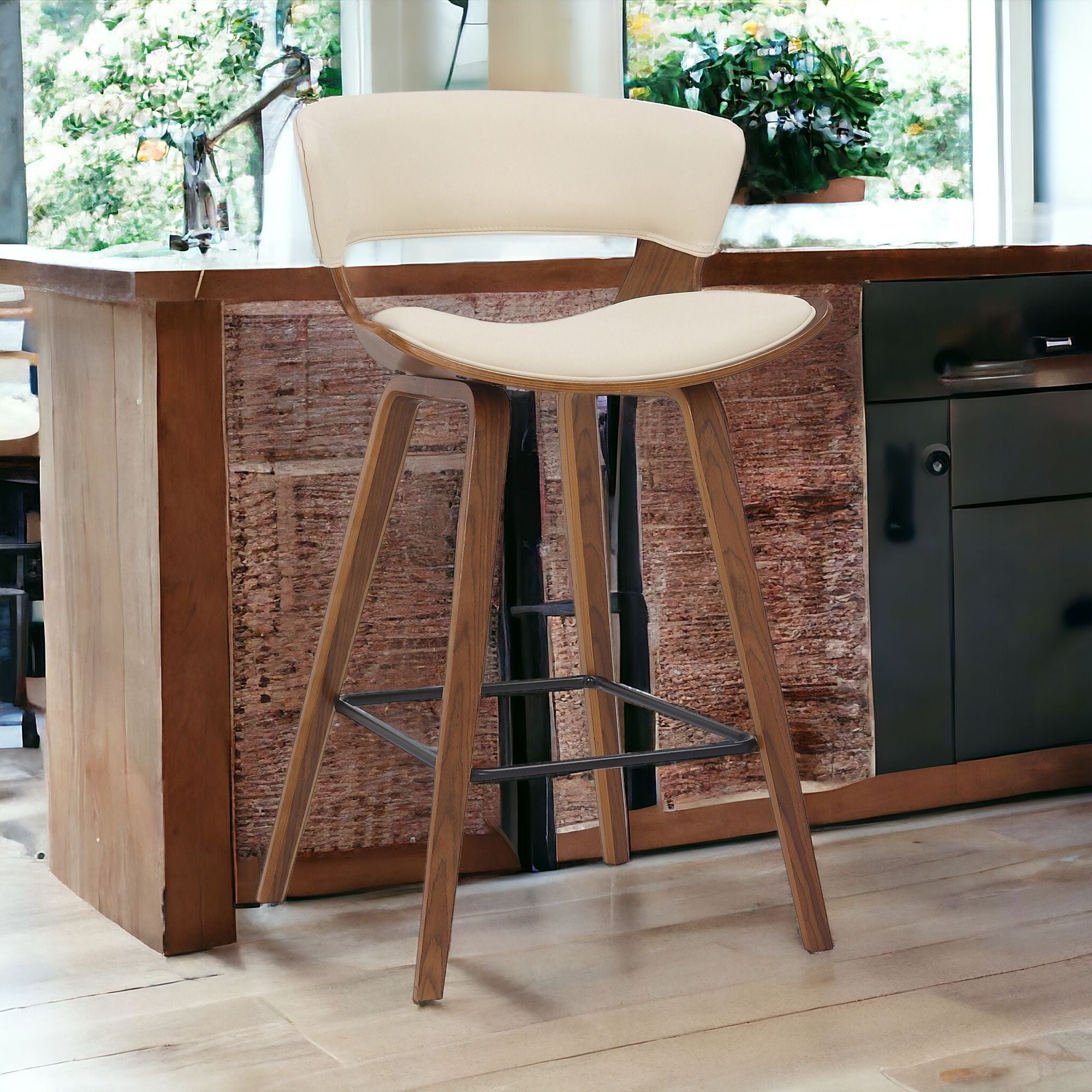 Cream Faux Leather and Wood Modern Bar Stool