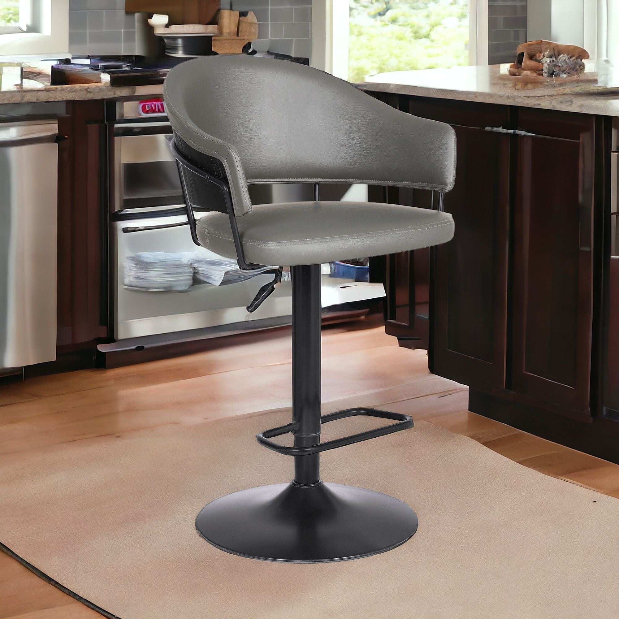 Adjustable Grey Faux Leather Black Wood and Metal Bar Stool