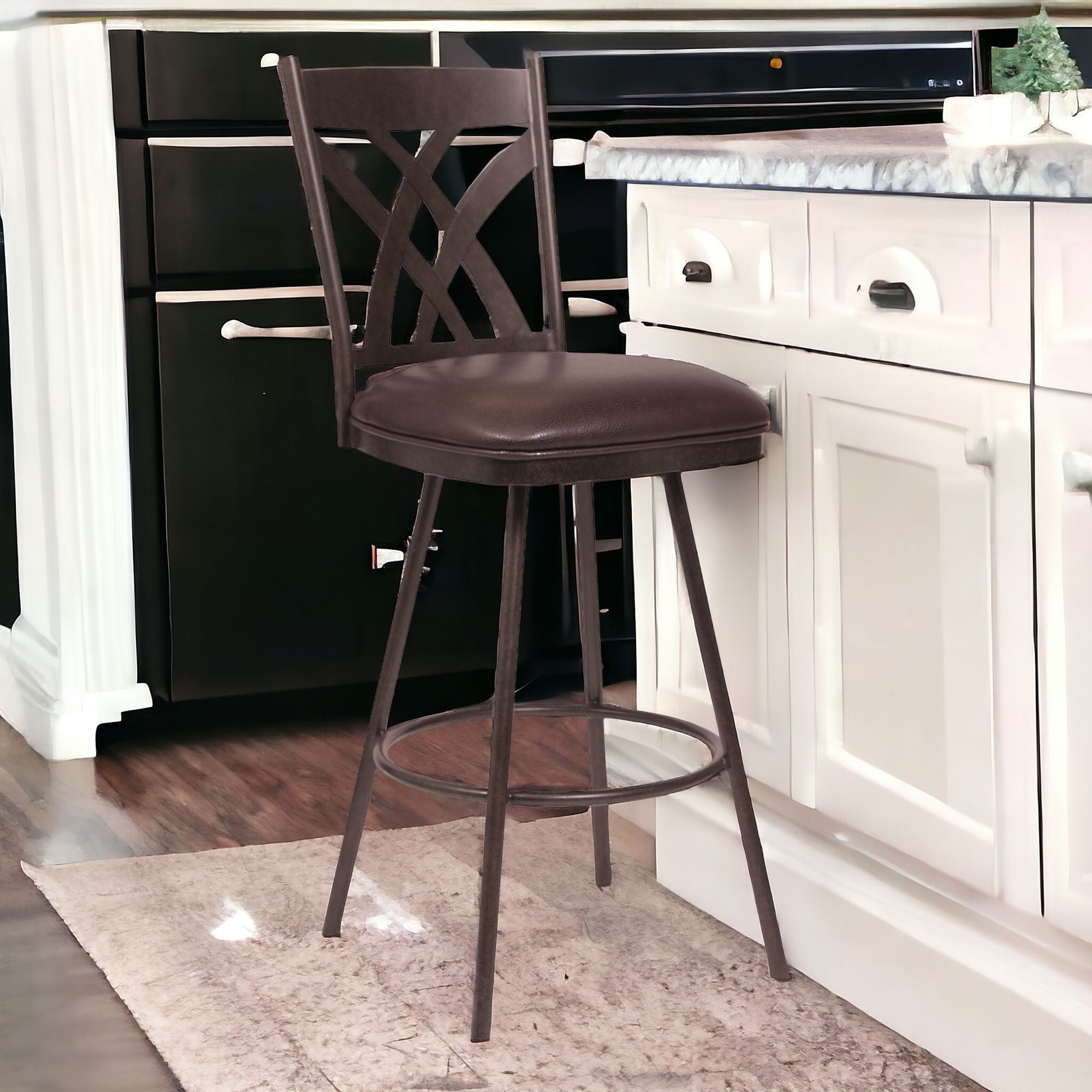 26" Stylish Brown Faux Leather Brown Metal Lattice Back Swivel Bar Stool