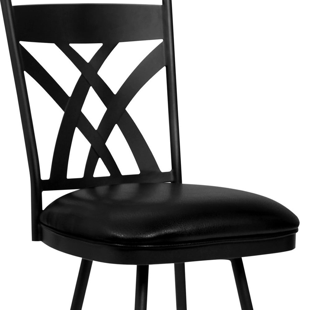 26" Stylish Black Faux Leather Black Metal Lattice Back Swivel Bar Stool