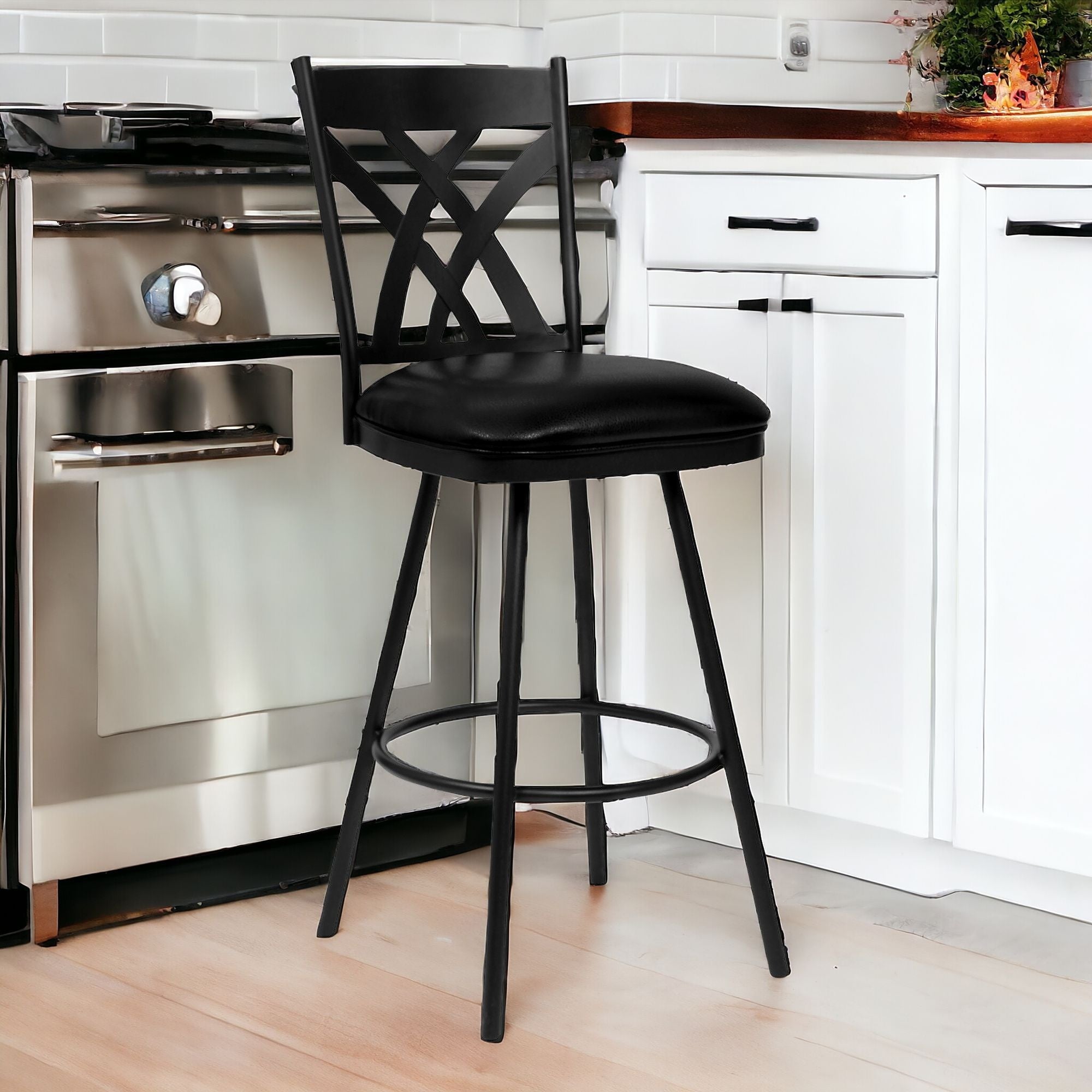 26" Stylish Black Faux Leather Black Metal Lattice Back Swivel Bar Stool