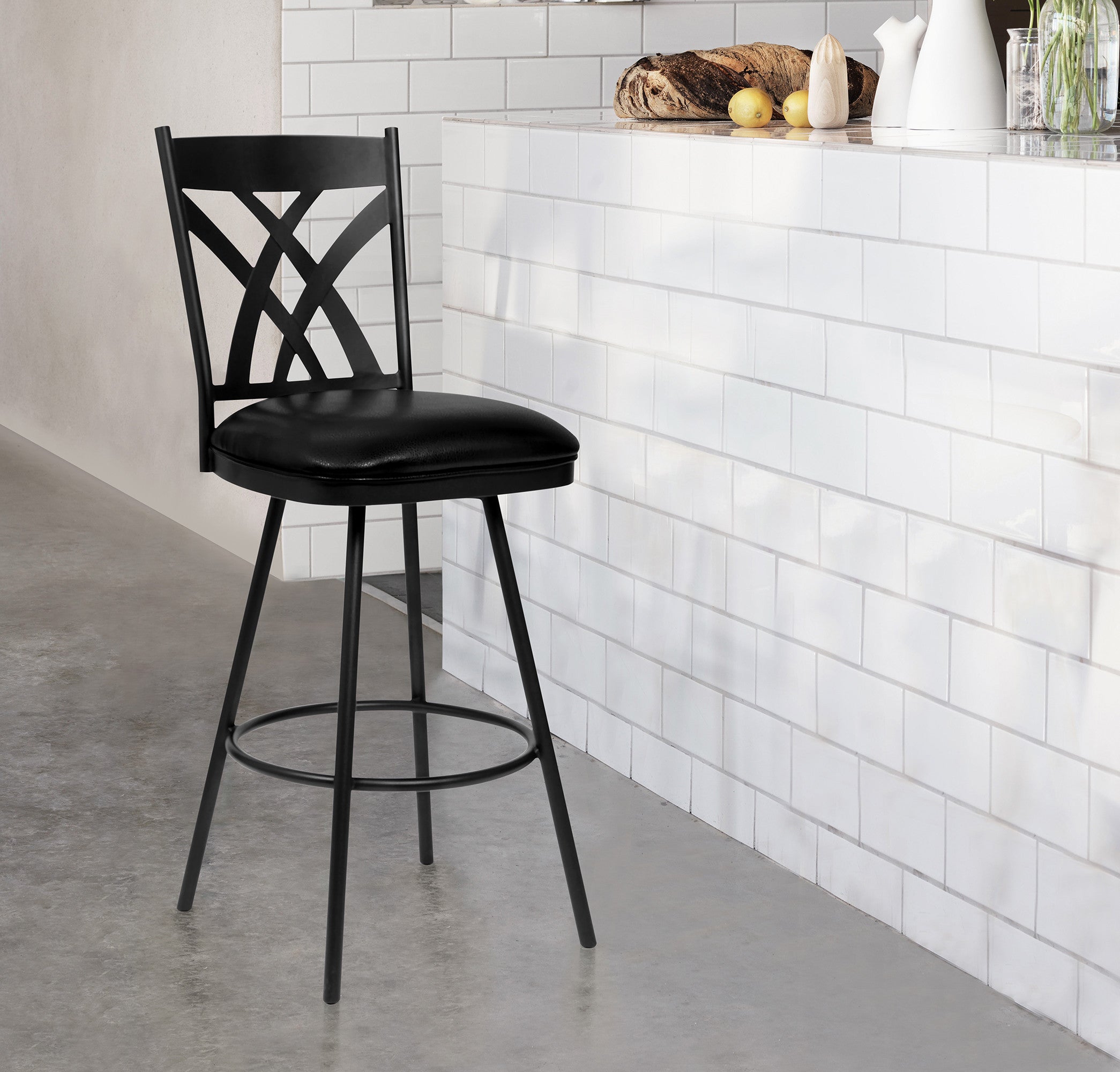 26" Stylish Black Faux Leather Black Metal Lattice Back Swivel Bar Stool