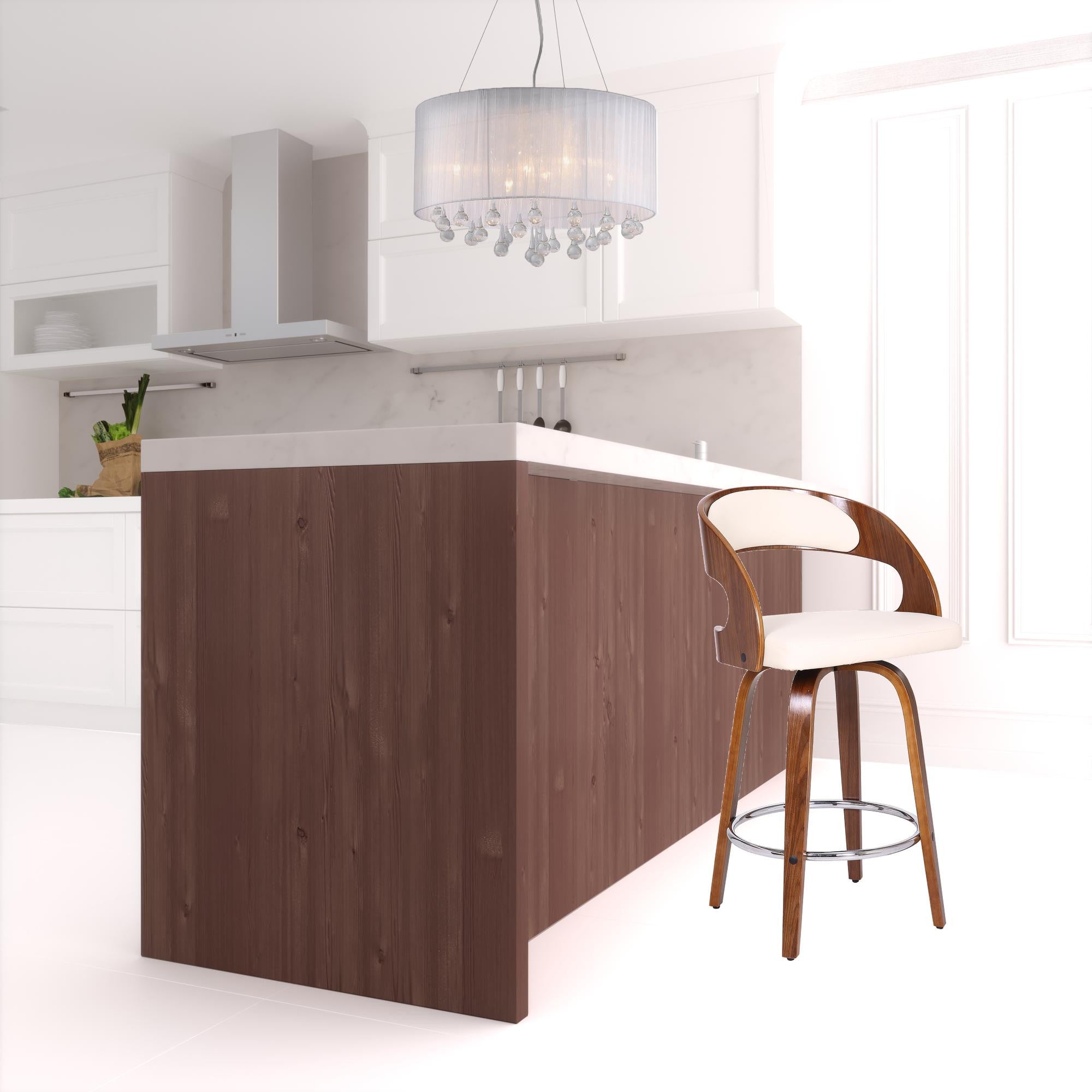 Cream And Brown Faux Leather Swivel Low Back Counter Height Bar Chair With Footrest 37"