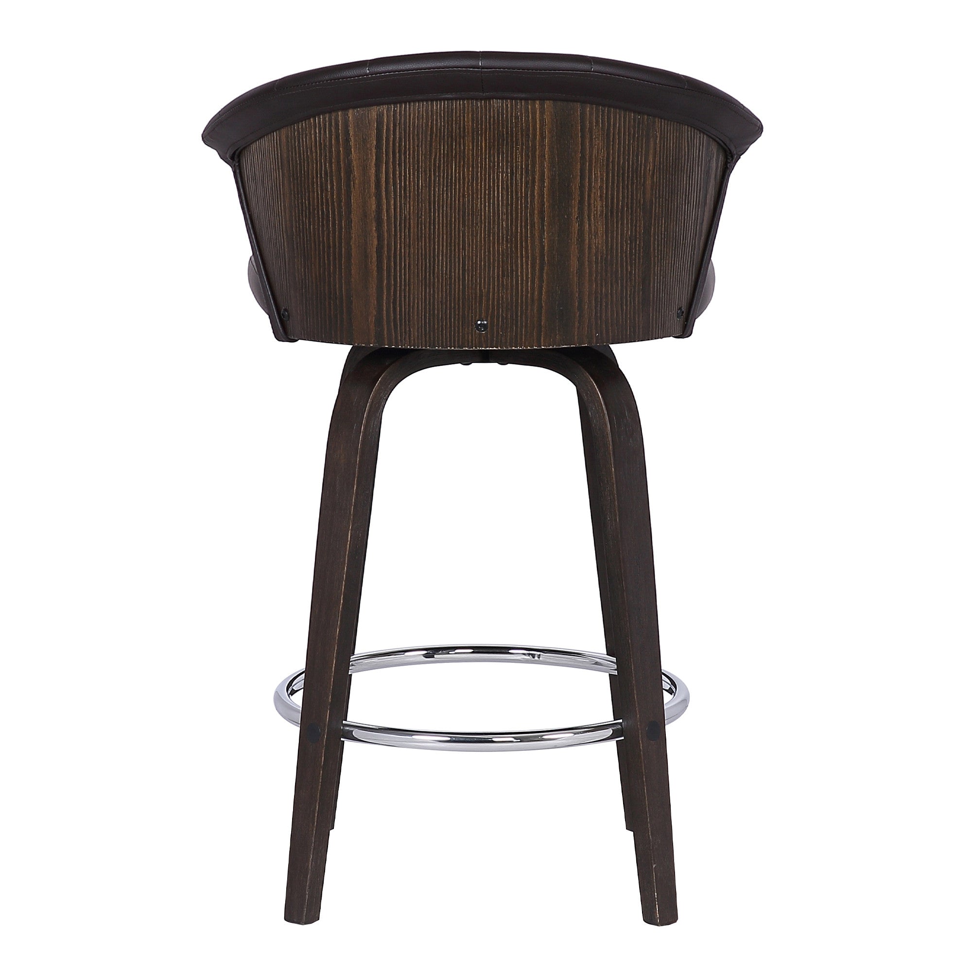 30" Dark Brown Faux Leather and Rustic Wood Back Swivel Bar Stool