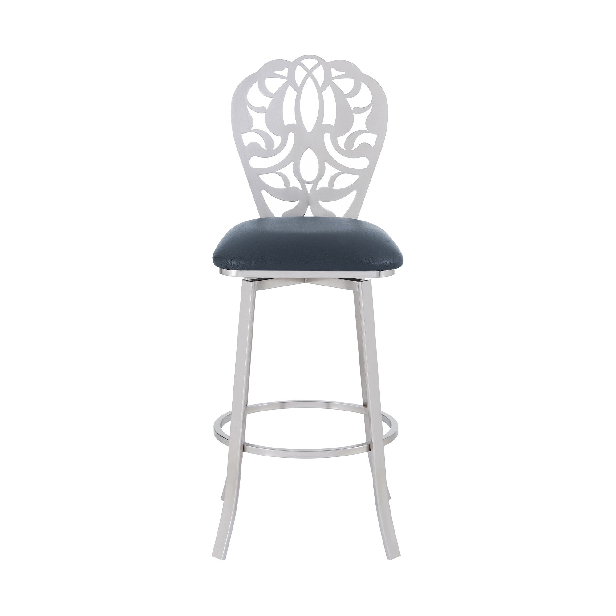 30" Grey Faux Leather Scroll Brushed Stainless Steel Swivel Bar Stool