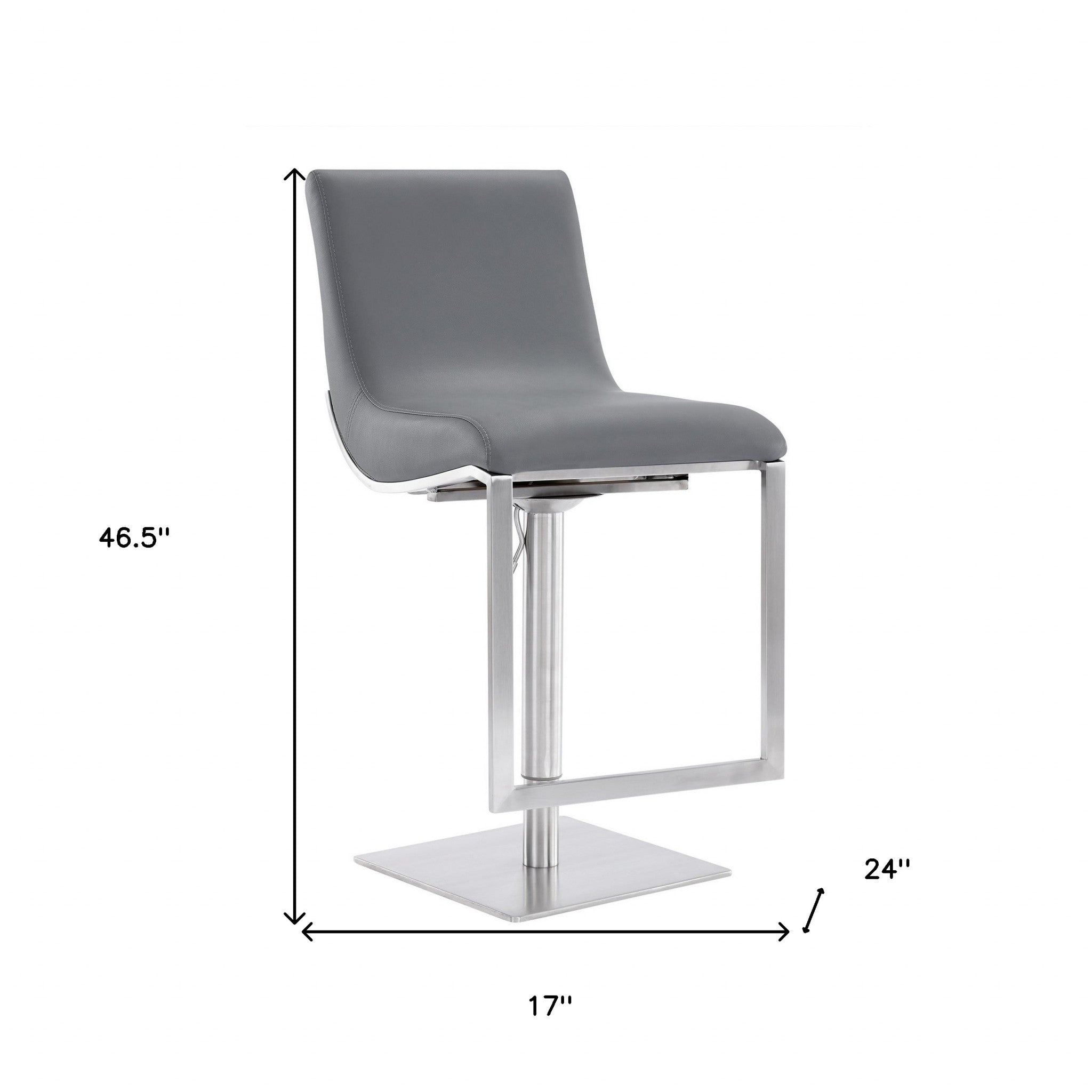 47" Gray Faux Leather And Iron Swivel Adjustable Height Bar Chair