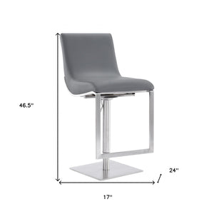 47" Gray Faux Leather And Iron Swivel Adjustable Height Bar Chair