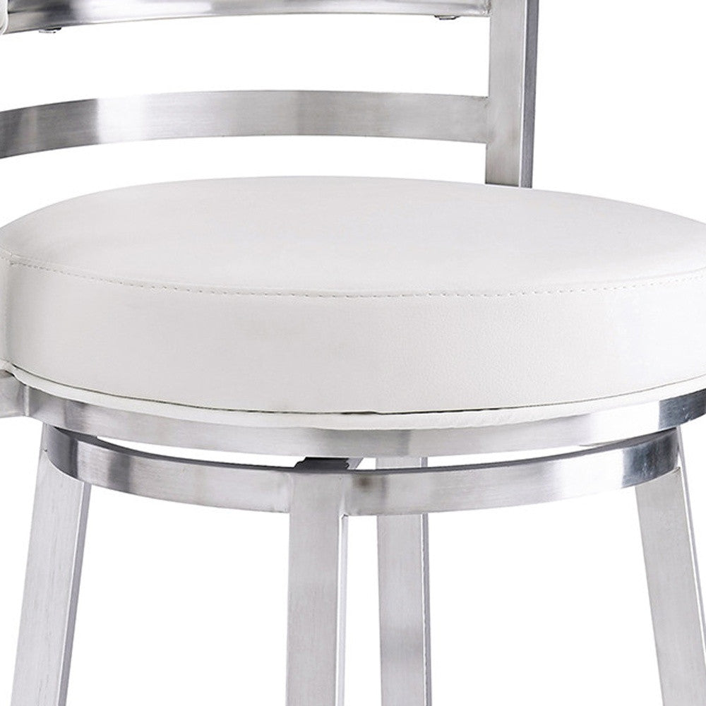 White And Silver Faux Leather Swivel Low Back Bar Height Chair With Footrest 39"