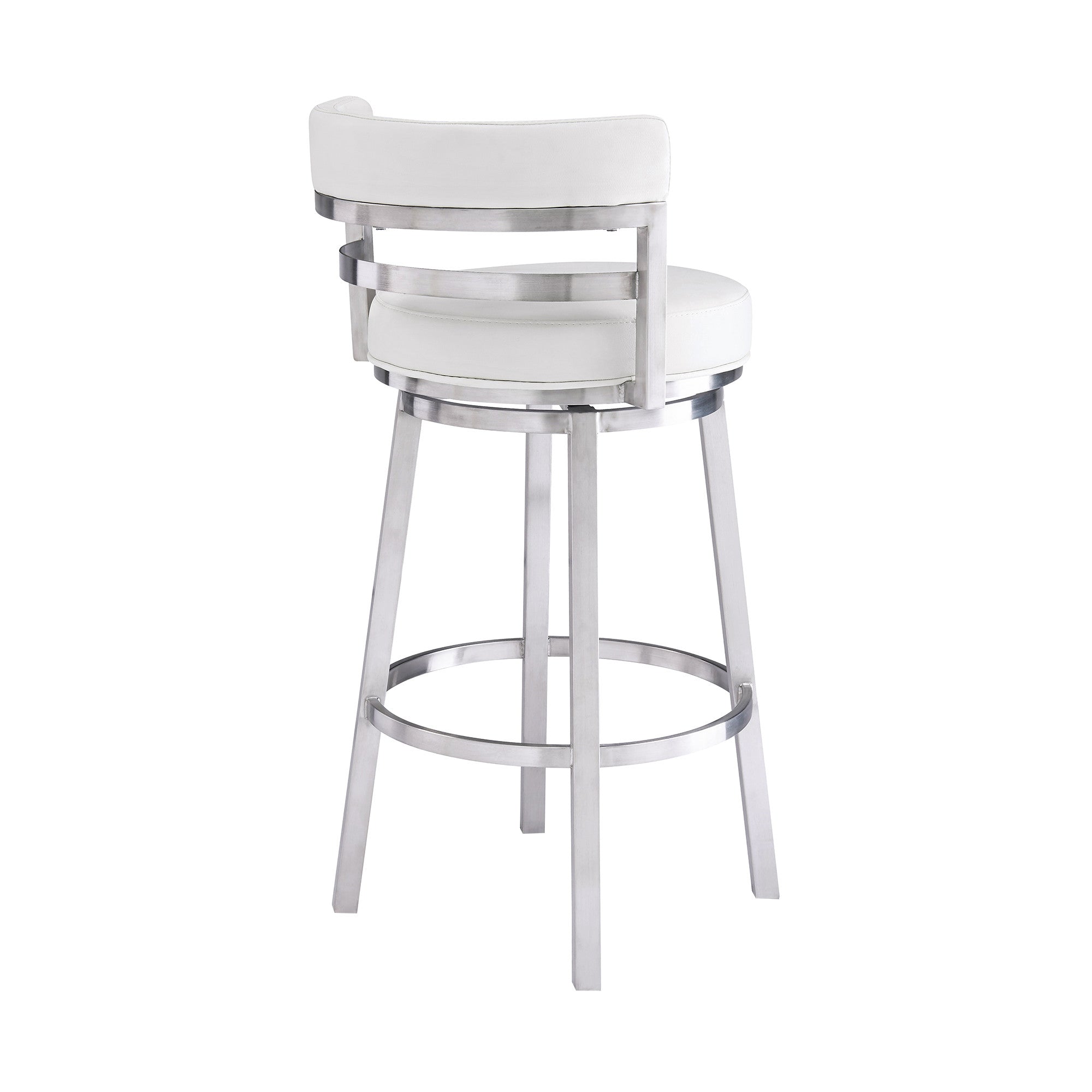 White And Silver Faux Leather And Iron Swivel Low Back Counter Height Bar Chair With Footrest 35"