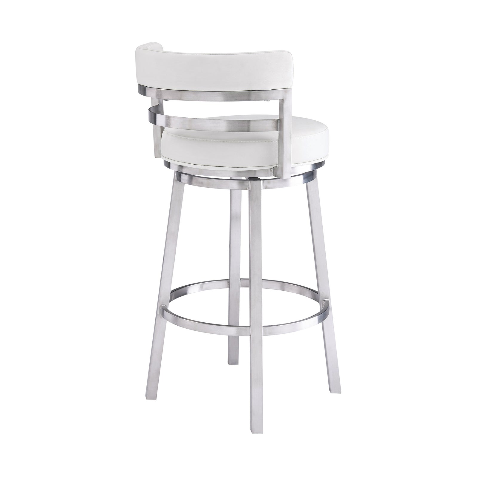 35" White And Silver Faux Leather And Iron Swivel Low Back Counter Height Bar Chair With Footrest
