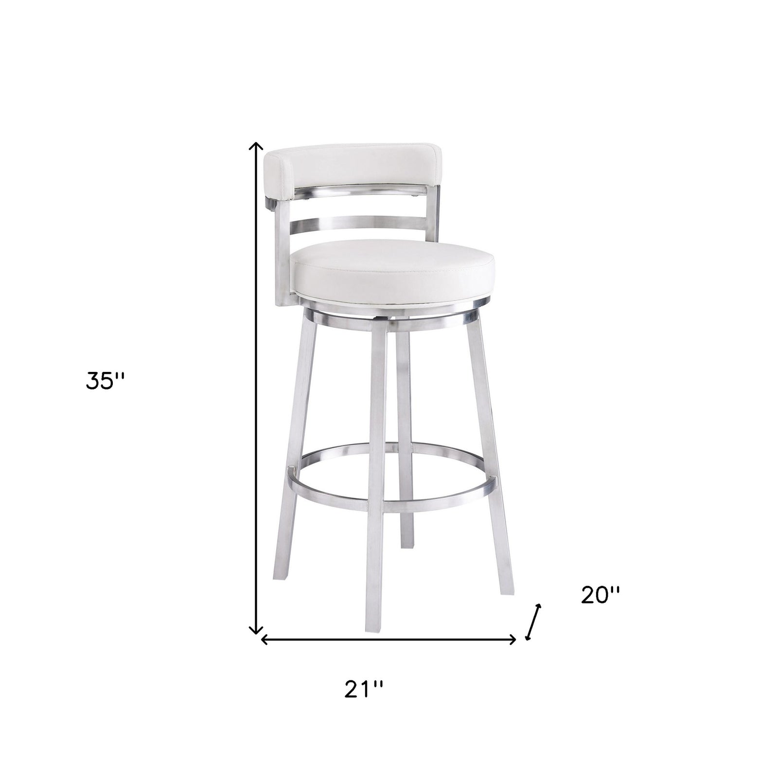 35" White And Silver Faux Leather And Iron Swivel Low Back Counter Height Bar Chair With Footrest