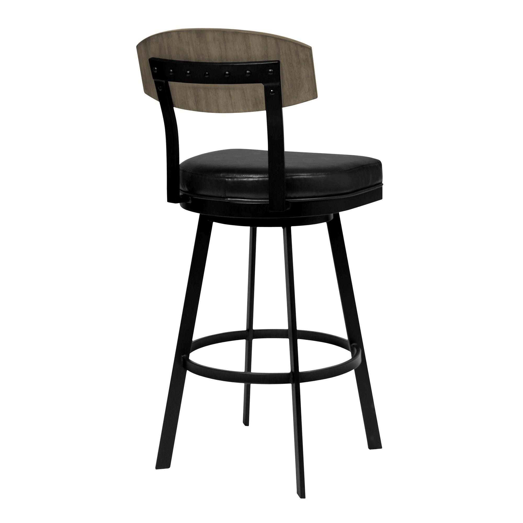 26" Black Faux Leather Black Metal and Gray Walnut Open Back Swivel Bar Stool