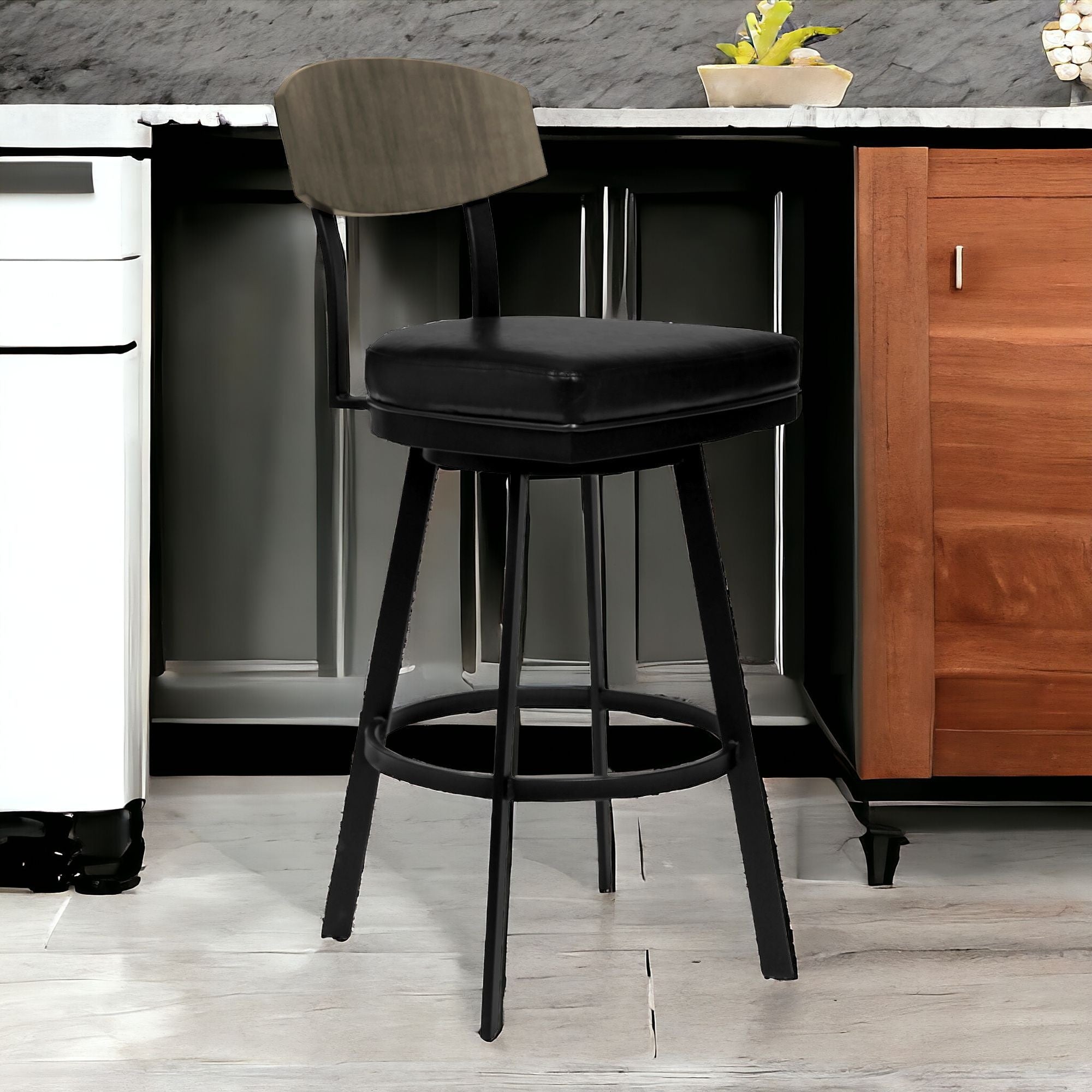 30" Black Faux Leather Black Metal and Gray Walnut Open Back Swivel Bar Stool