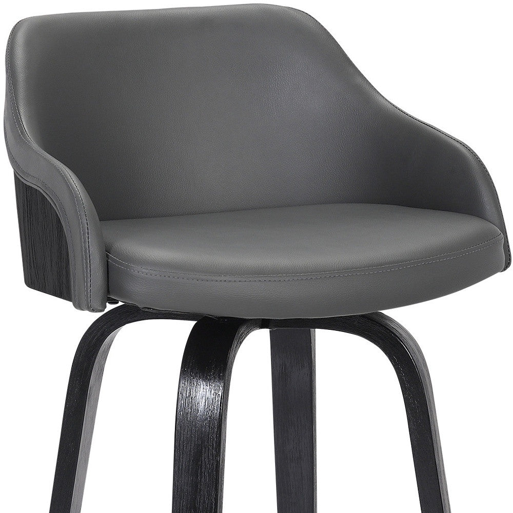 26" Gray Swivel Faux Leather Black Wooden Bar Stool