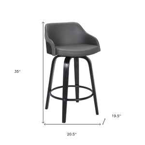 26" Gray Swivel Faux Leather Black Wooden Bar Stool