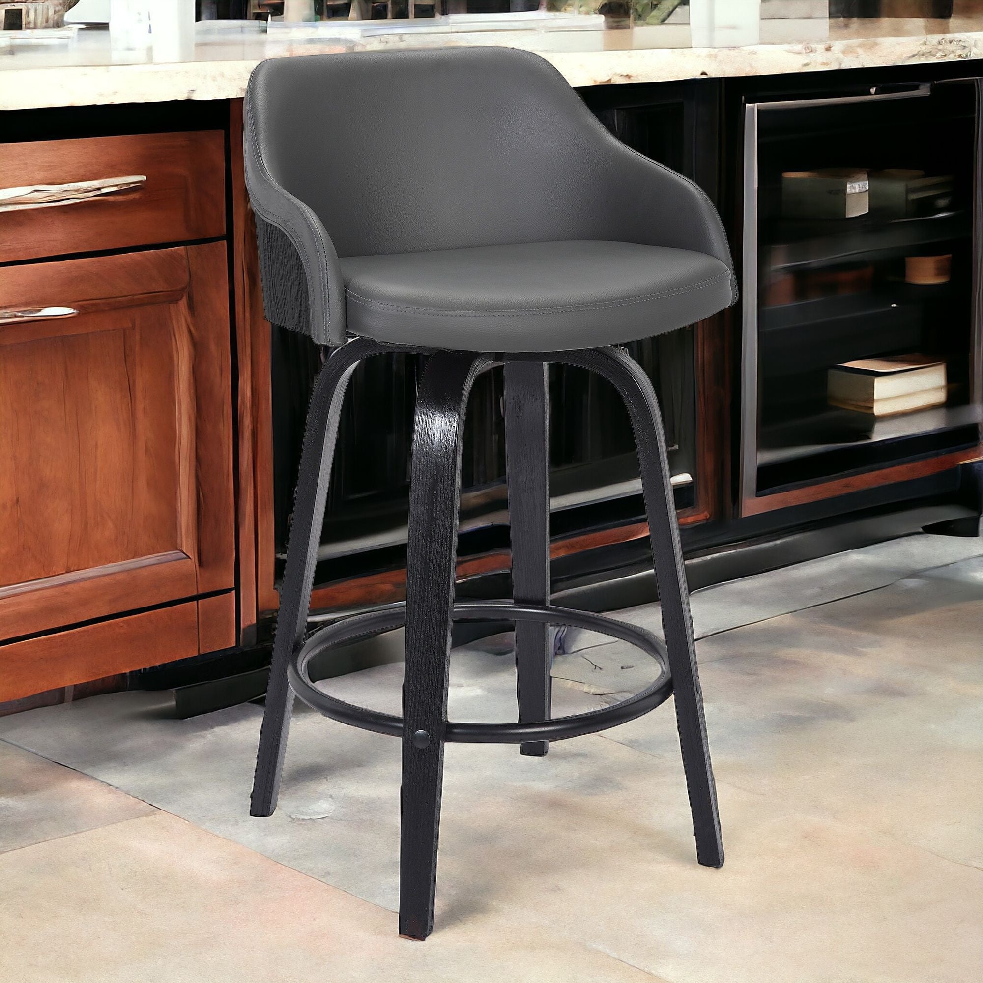 26" Gray Swivel Faux Leather Black Wooden Bar Stool
