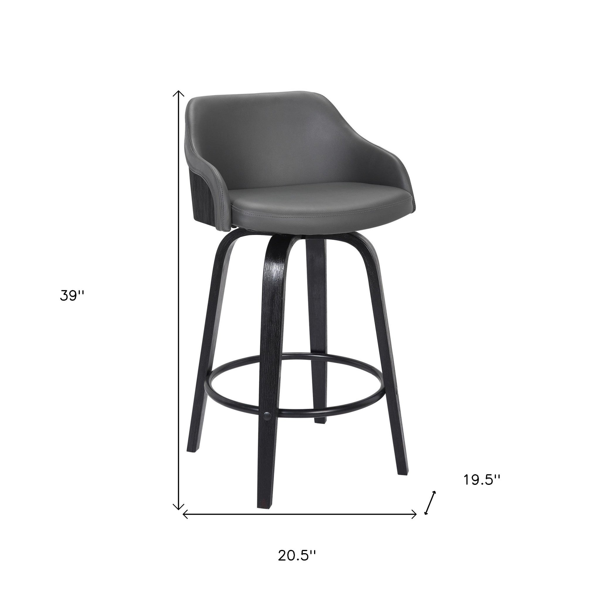 30” Gray Swivel Faux Leather Black Wooden Bar Stool