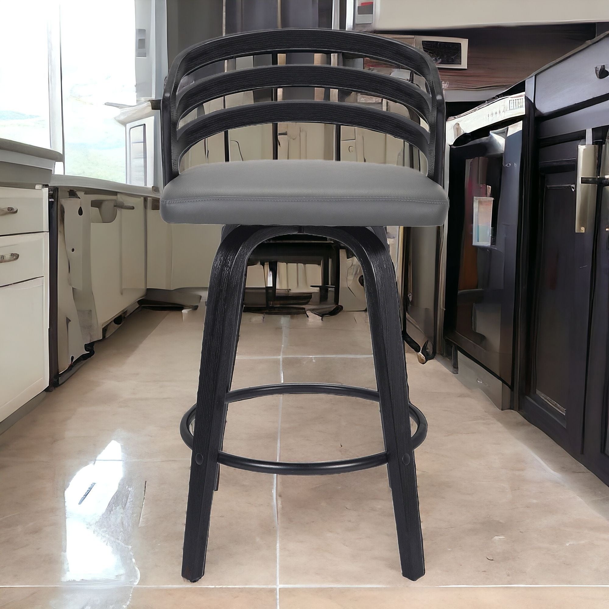 30” Gray Modern Faux Leather Swivel Bar Stool
