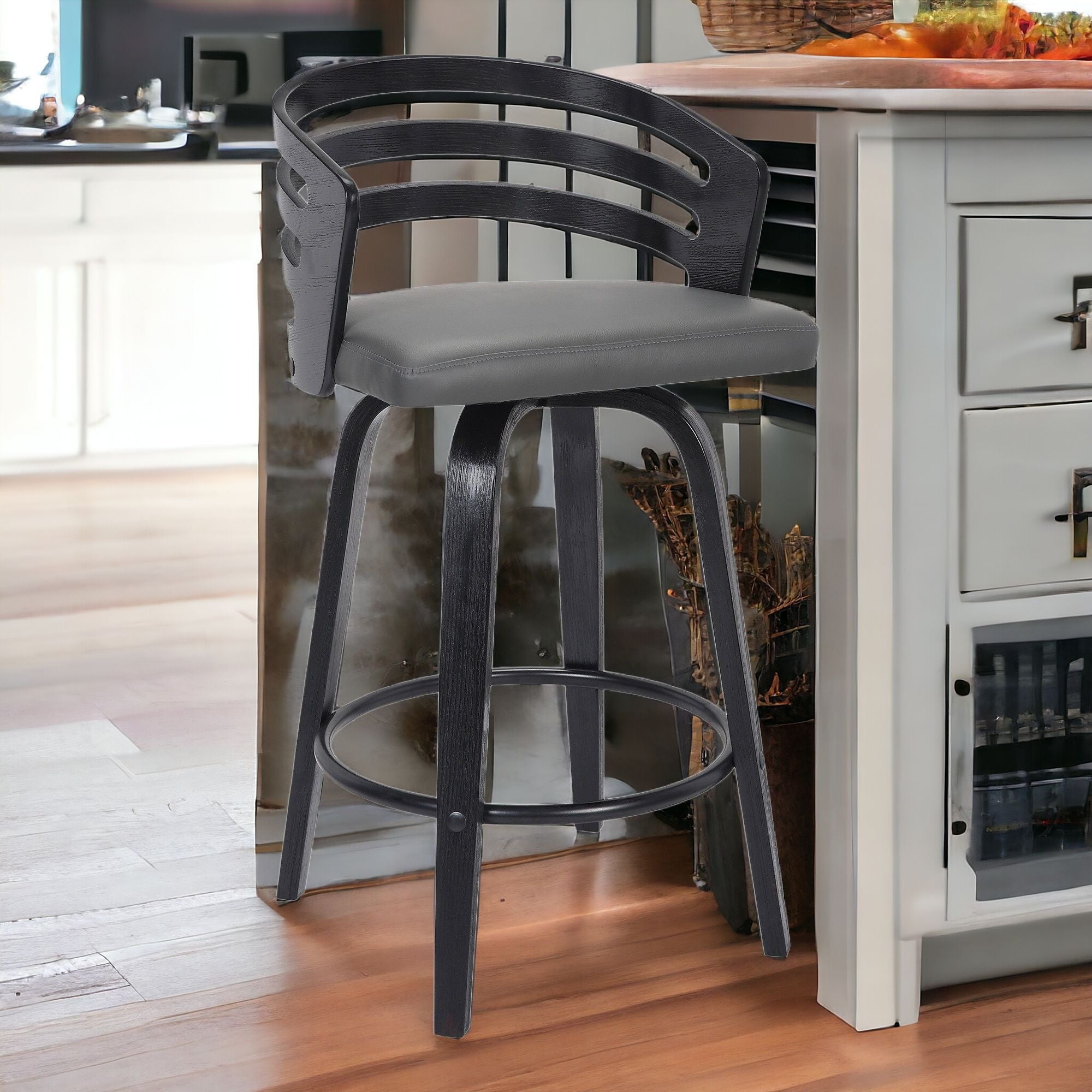 30” Gray Modern Faux Leather Swivel Bar Stool