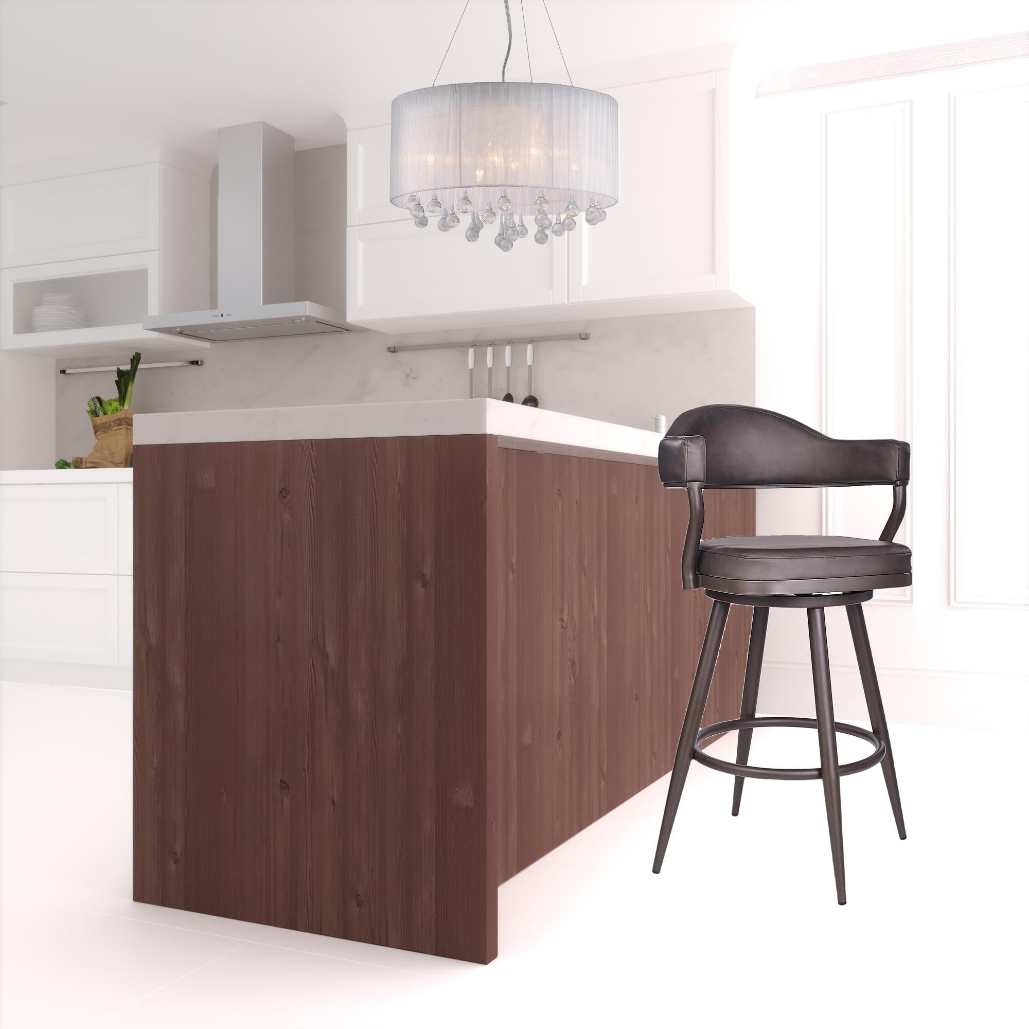 42" Vintage Brown Faux Leather And Iron Swivel Bar Height Chair