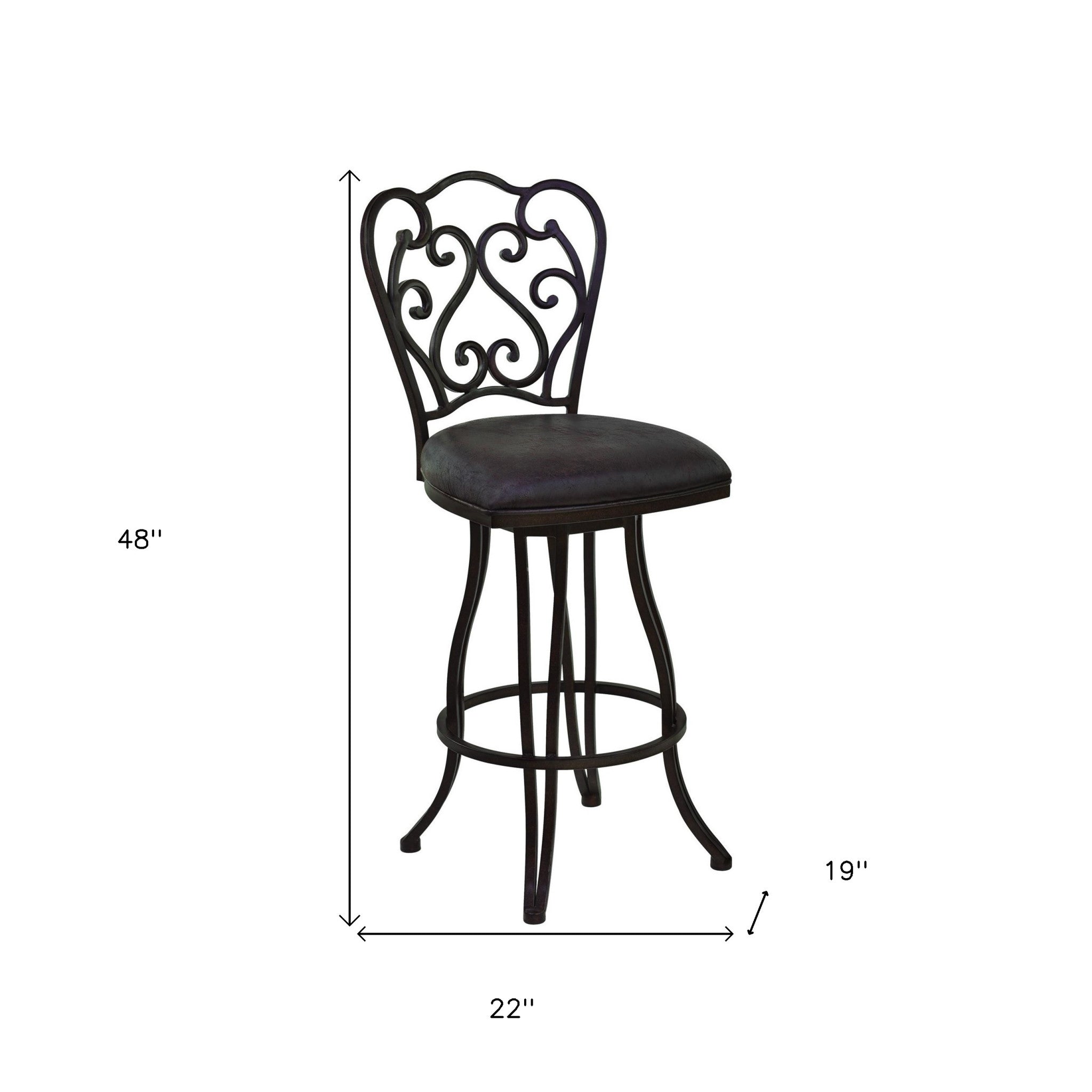 30" Dark Espresso Scroll Back Metal Swivel Bar Stool