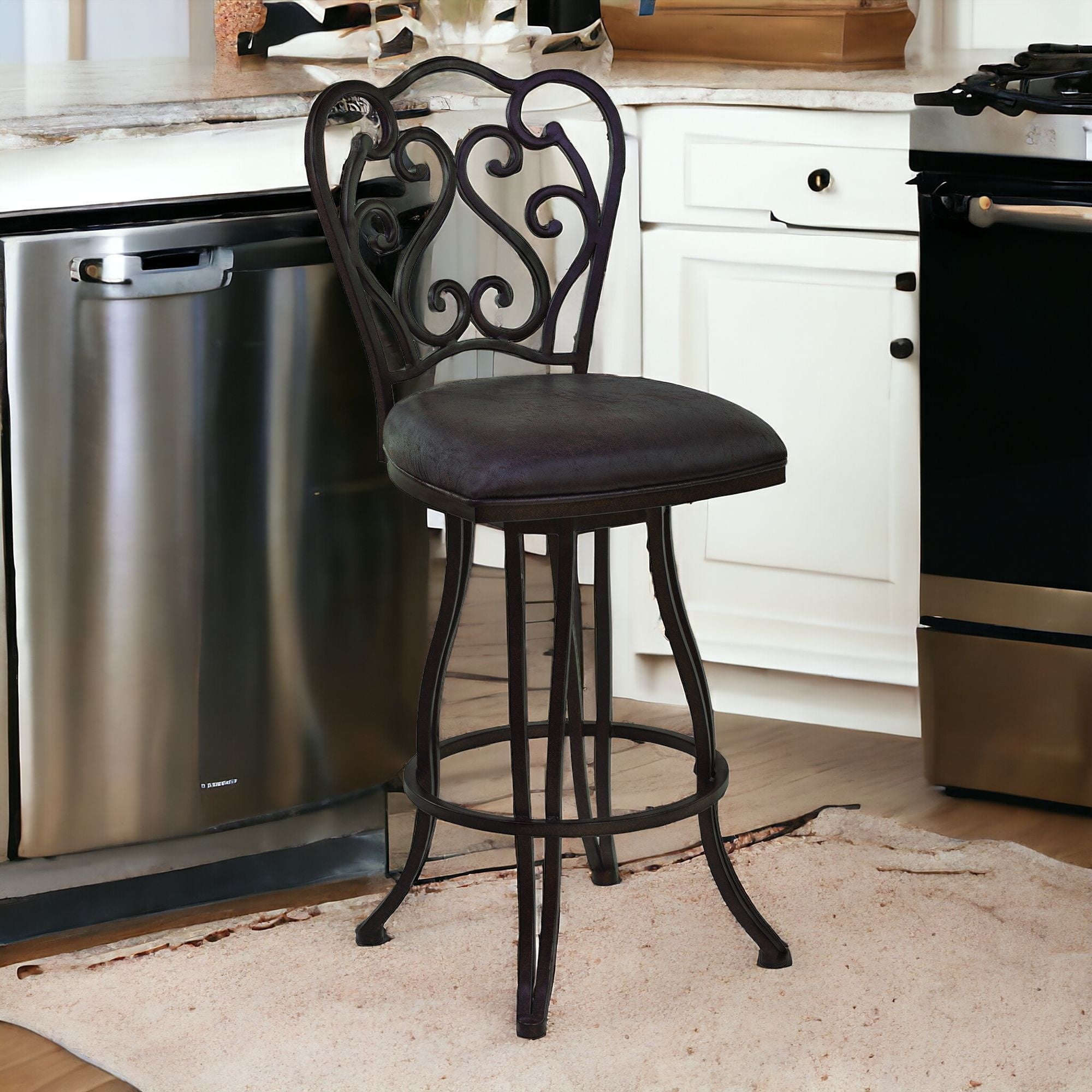 30" Dark Espresso Scroll Back Metal Swivel Bar Stool