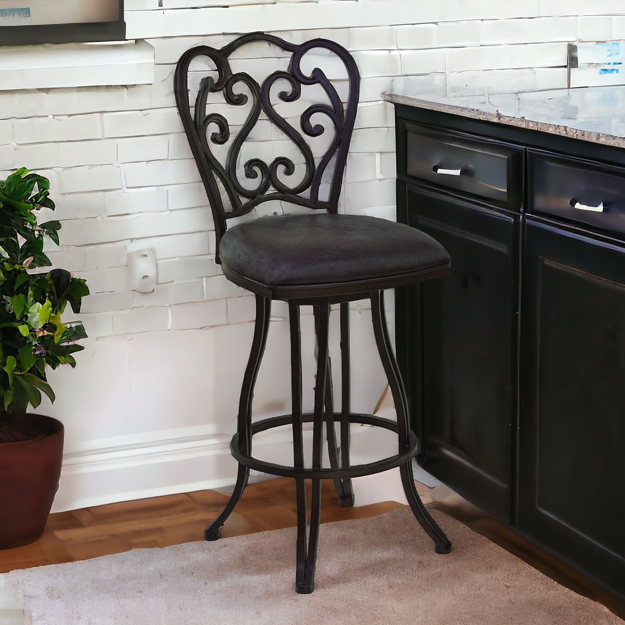 30" Dark Espresso Scroll Back Metal Swivel Bar Stool