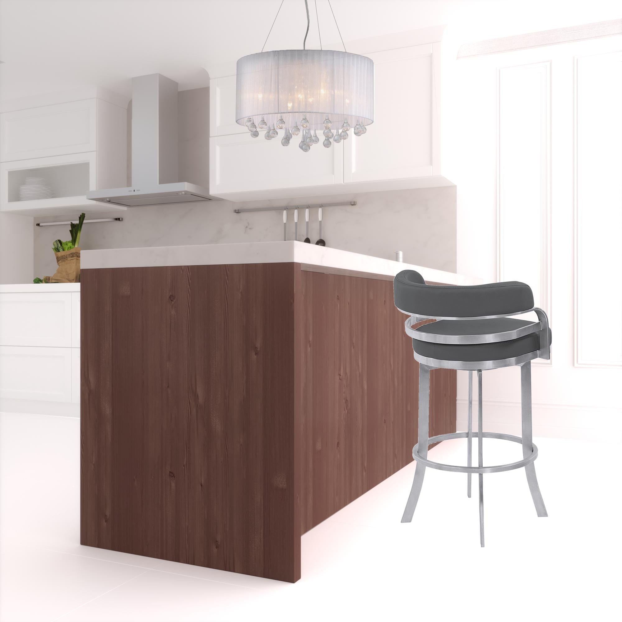 38" Gray Brushed Stainless Steel Bar Height Swivel Full Back Bar Chair