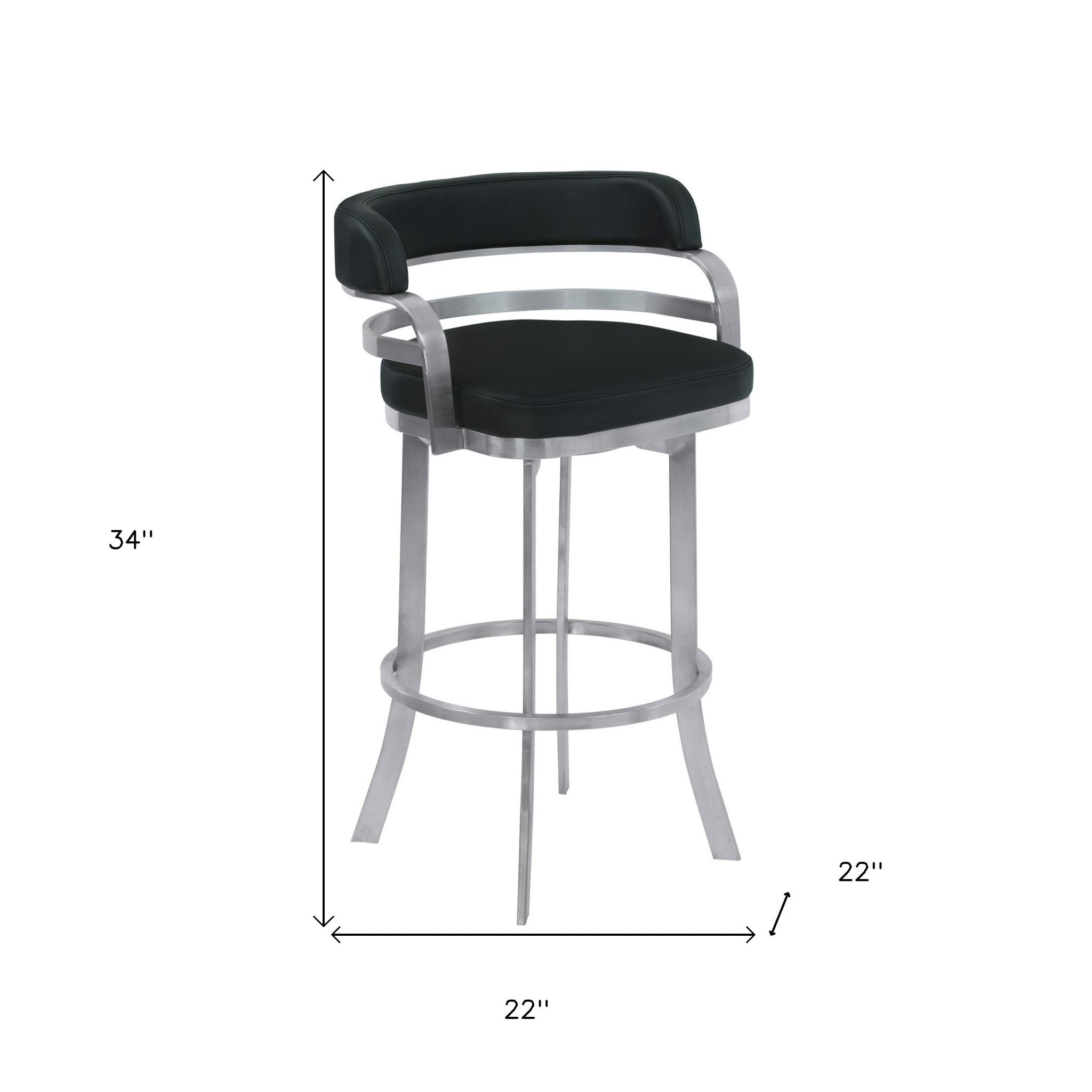 34" Black Brushed Stainless Steel Counter Height Swivel Backless Bar Chair