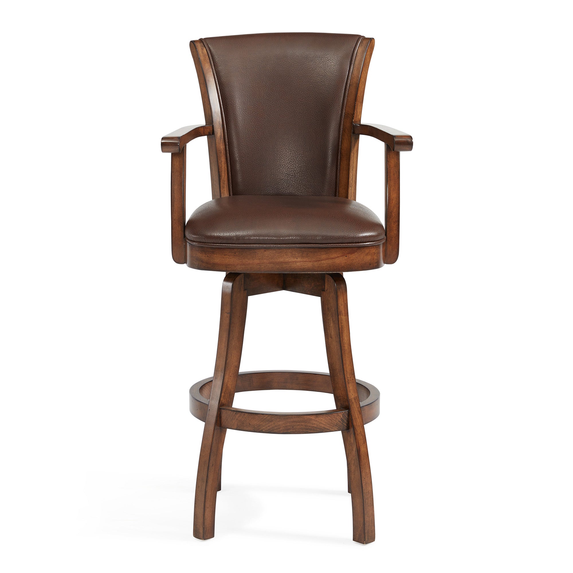 45" Warm Brown Faux Leather And Solid Wood Swivel Bar Height Chair