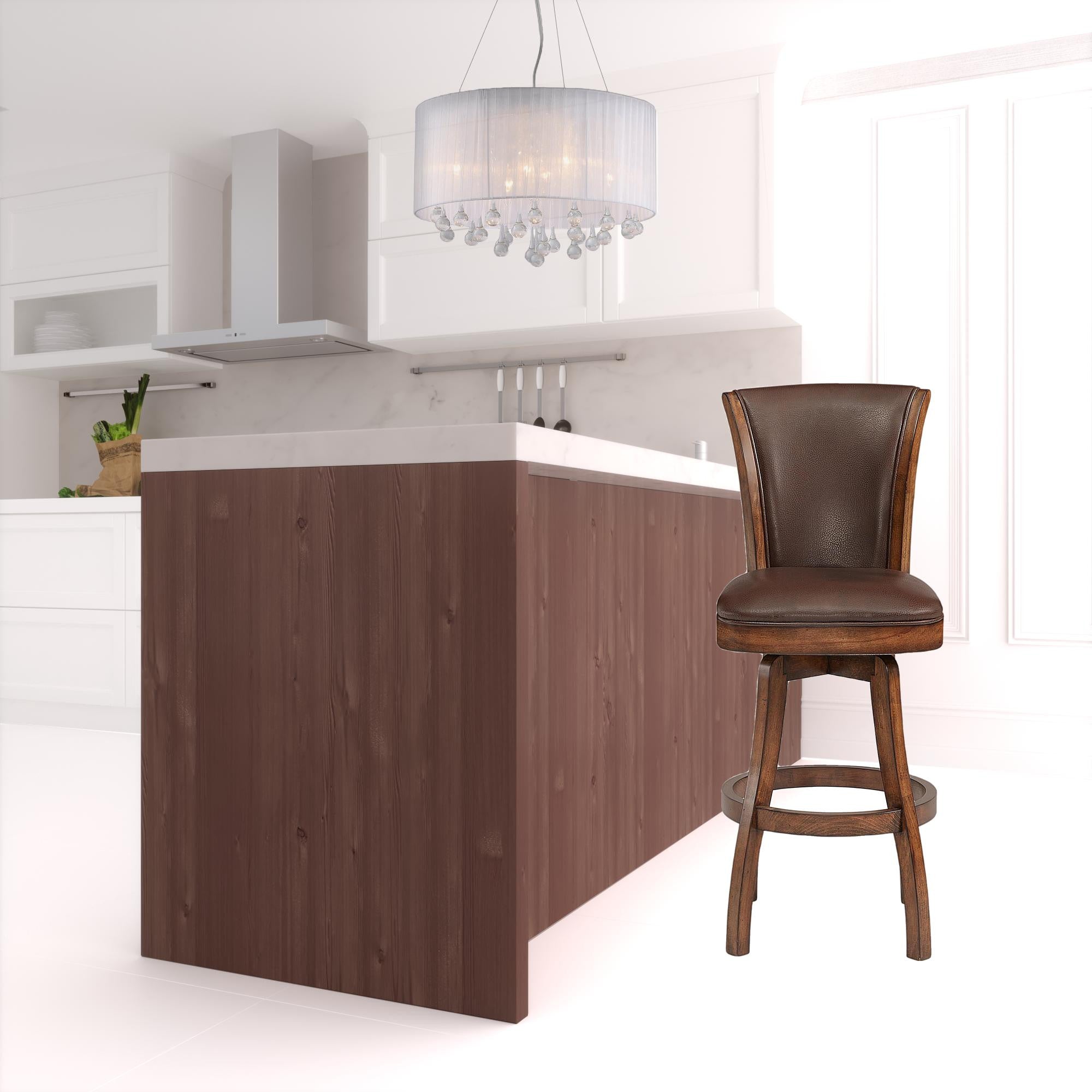 45" Brown Faux Leather And Solid Wood Swivel Bar Height Chair