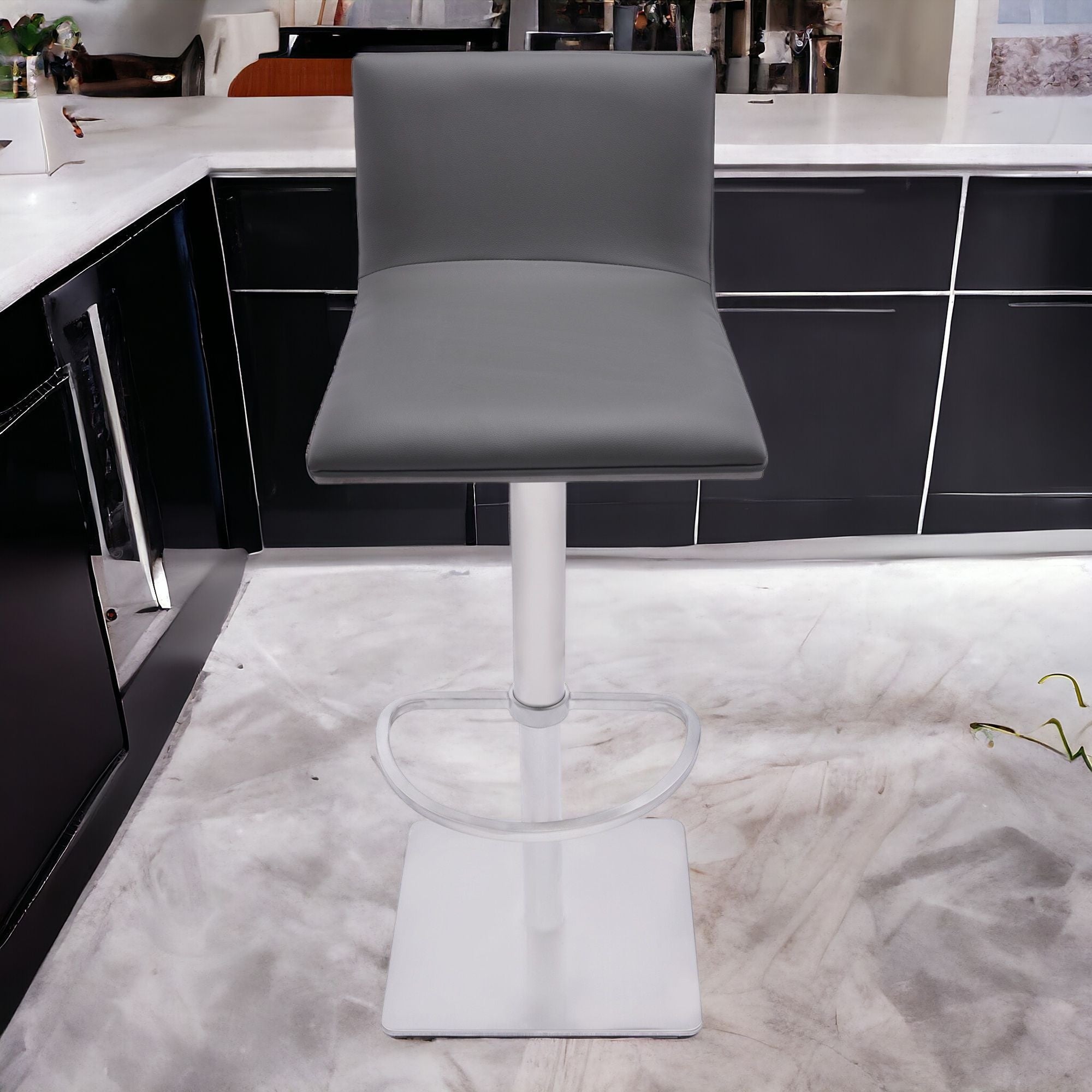 Adjustable Grey Faux Leather Walnut and Stainless Swivel Bar Stool
